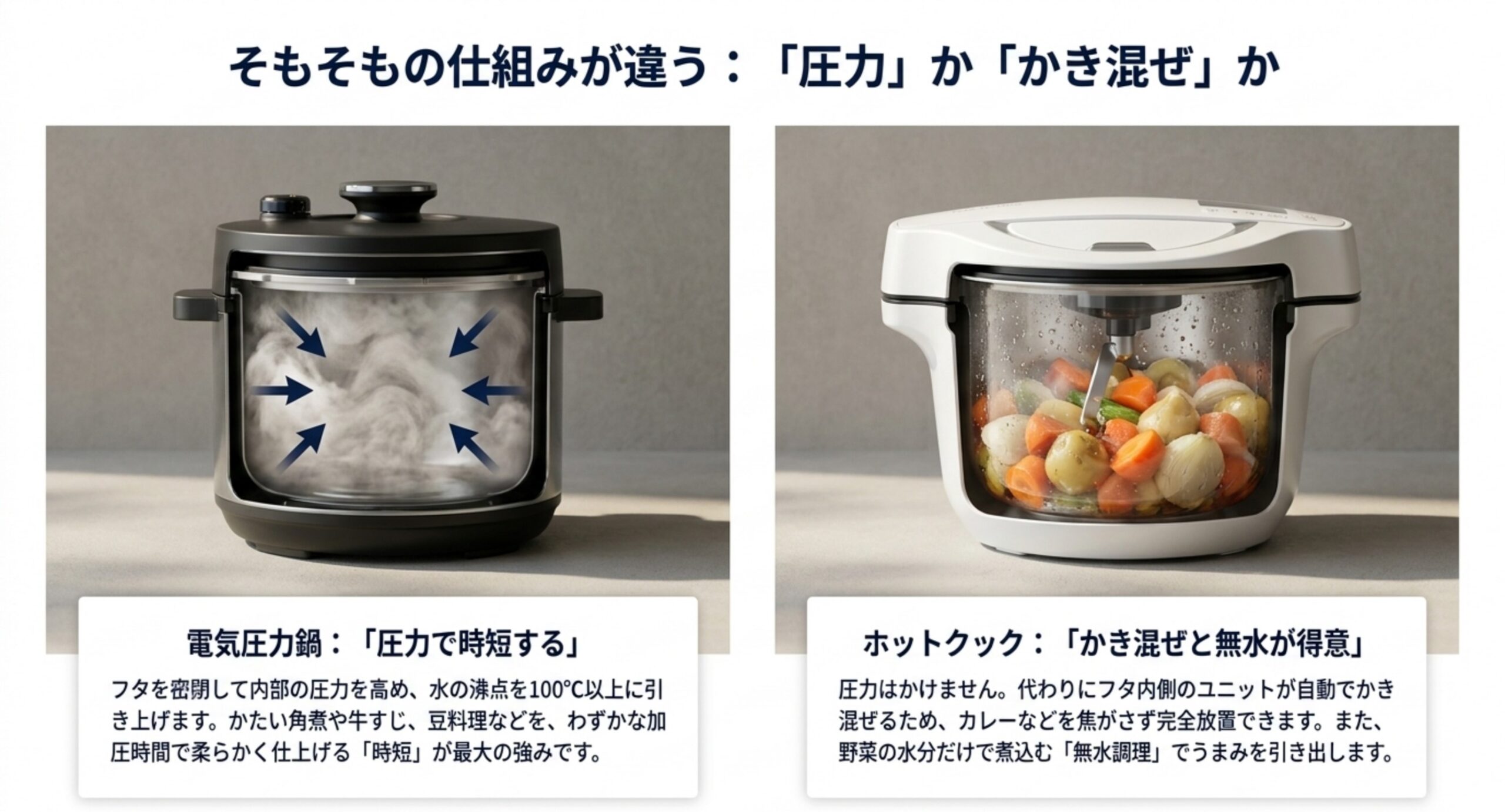 圧力で時短する電気圧力鍋と、かき混ぜと無水調理が得意なホットクックの仕組みの違いを示した図