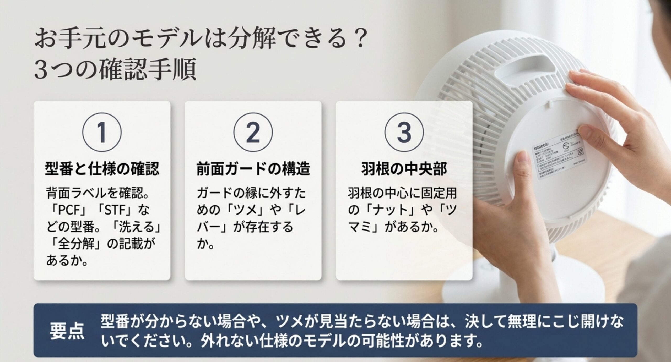 アイリスオーヤマのサーキュレーターが分解できるか見分ける3つの確認手順（型番・前面ガード・羽根の中央）