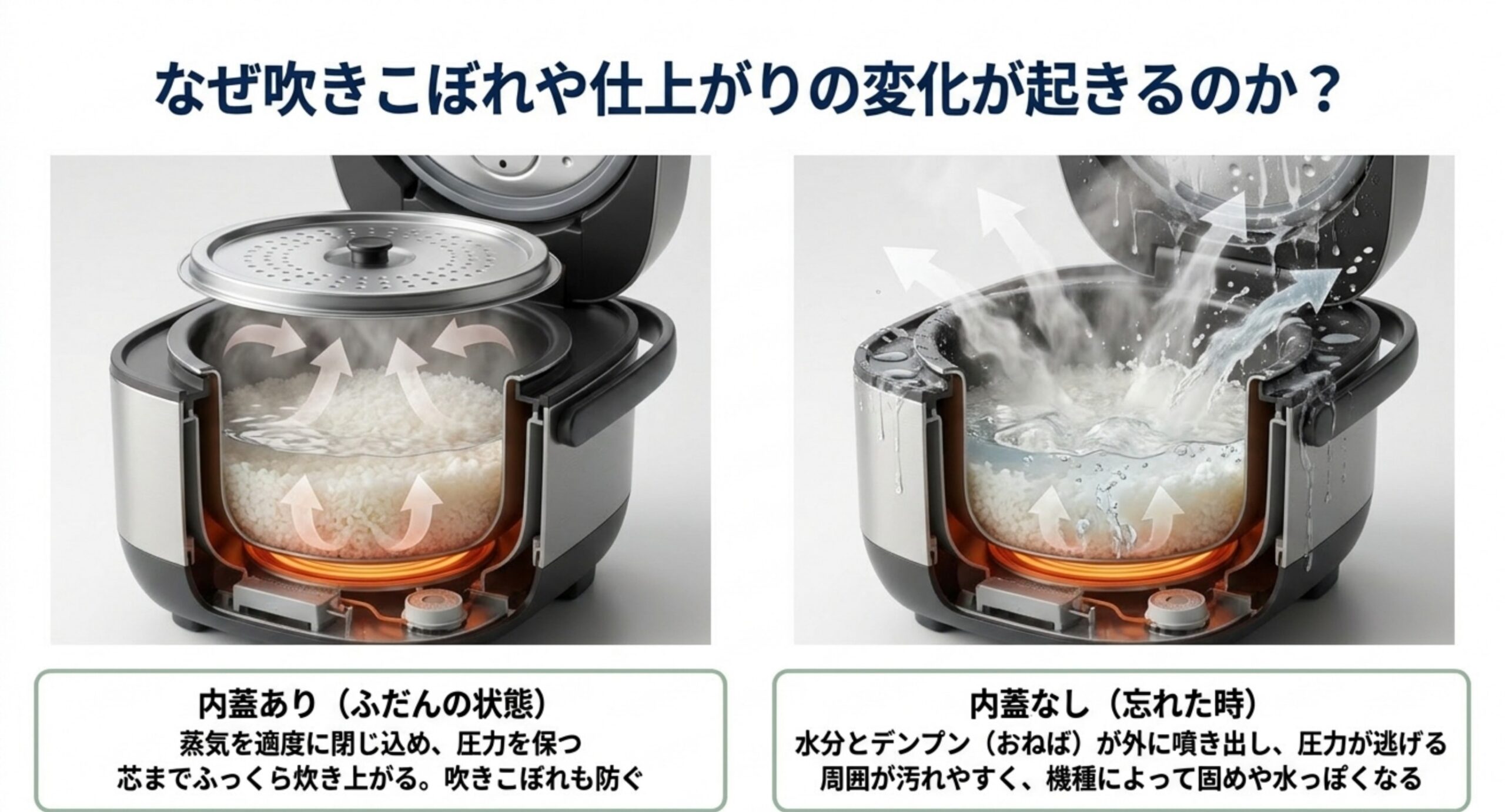 内蓋ありは蒸気を閉じ込めふっくら、内蓋なしはおねばが噴き出し圧力が逃げる違いの断面図