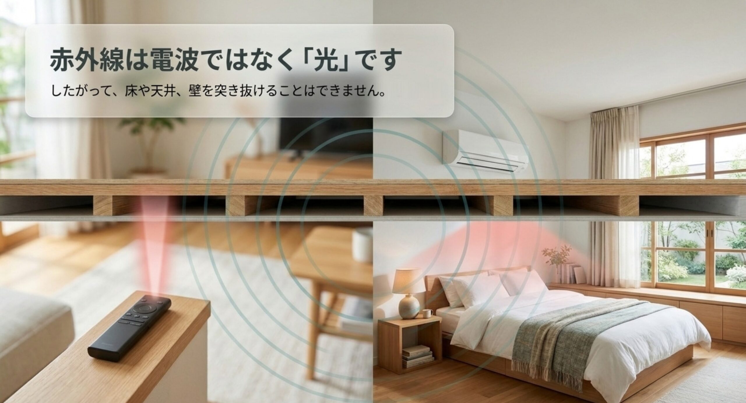 1階と2階を断面で示し、赤外線が床で止まる一方Wi-Fiの電波は通り抜けることを比較した図版