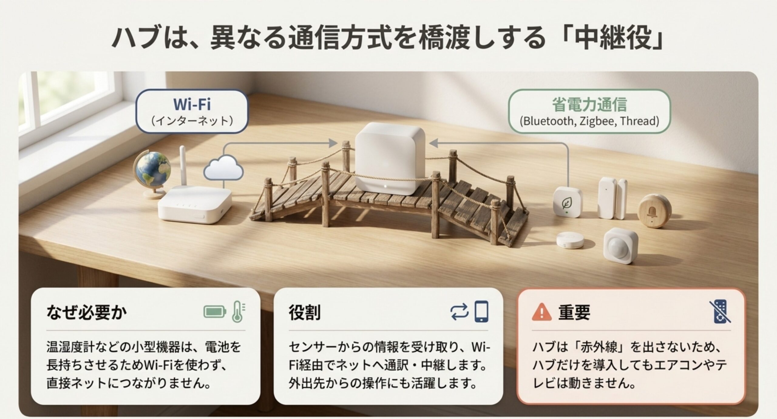 Wi-Fiと省電力通信の間に橋を架けるハブの役割と、ハブは赤外線を出さないという注意点を示した図版