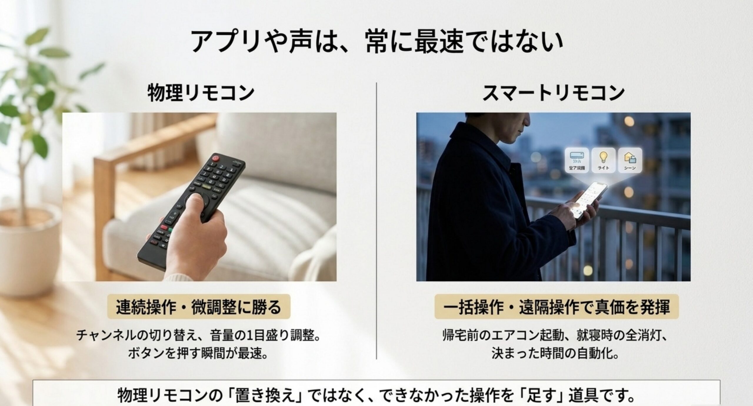 連続操作と微調整は物理リモコンが速く、一括操作と遠隔操作はスマートリモコンが向くことを比較した図