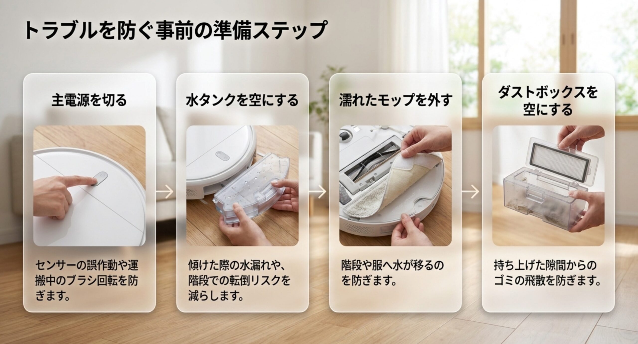 主電源を切る・水タンクを空にする・濡れたモップを外す・ダストボックスを空にするという運搬前の4ステップを示した図