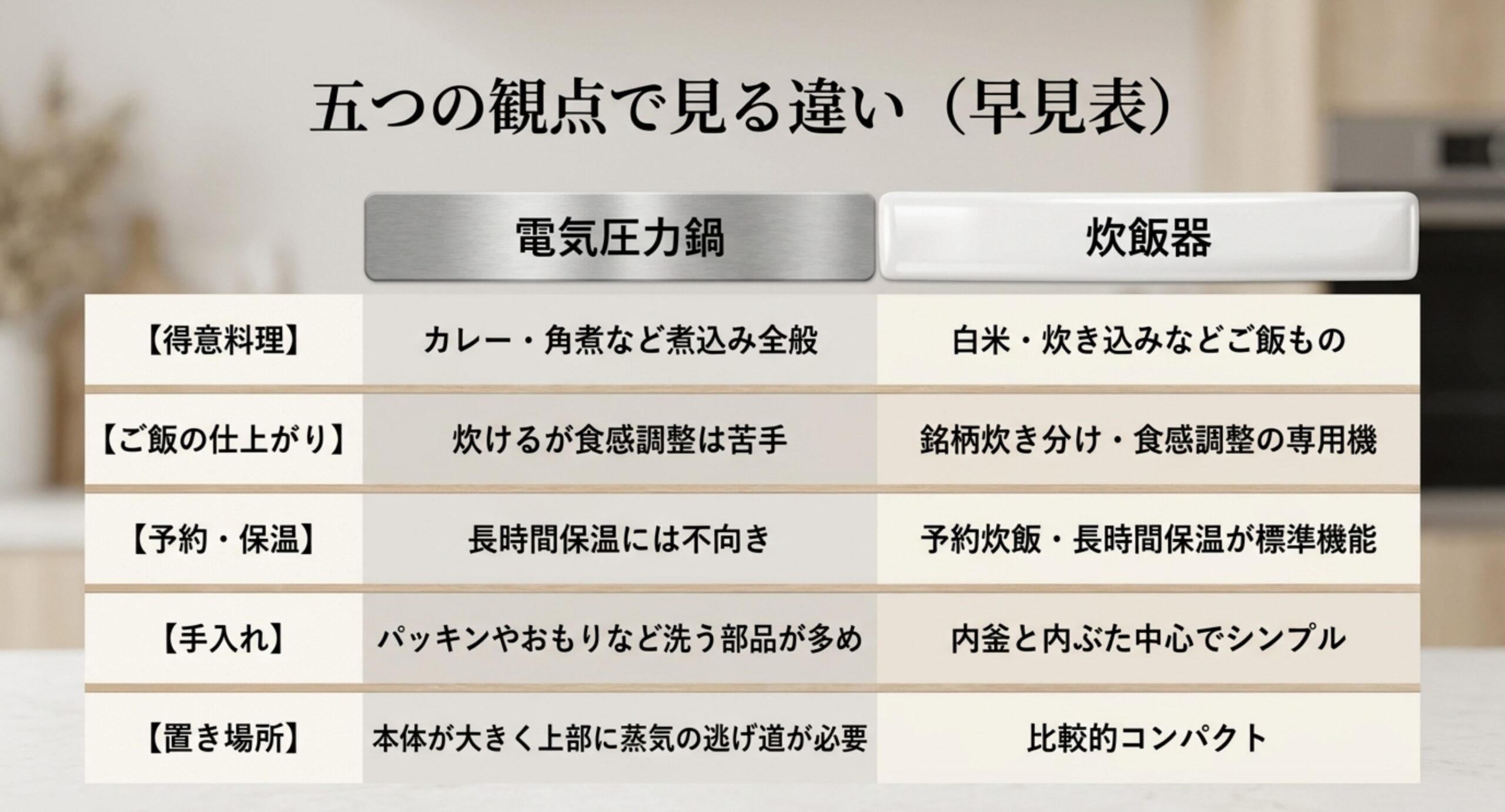 得意料理・ご飯の仕上がり・予約保温・手入れ・置き場所の5つの観点で電気圧力鍋と炊飯器を比較した早見表