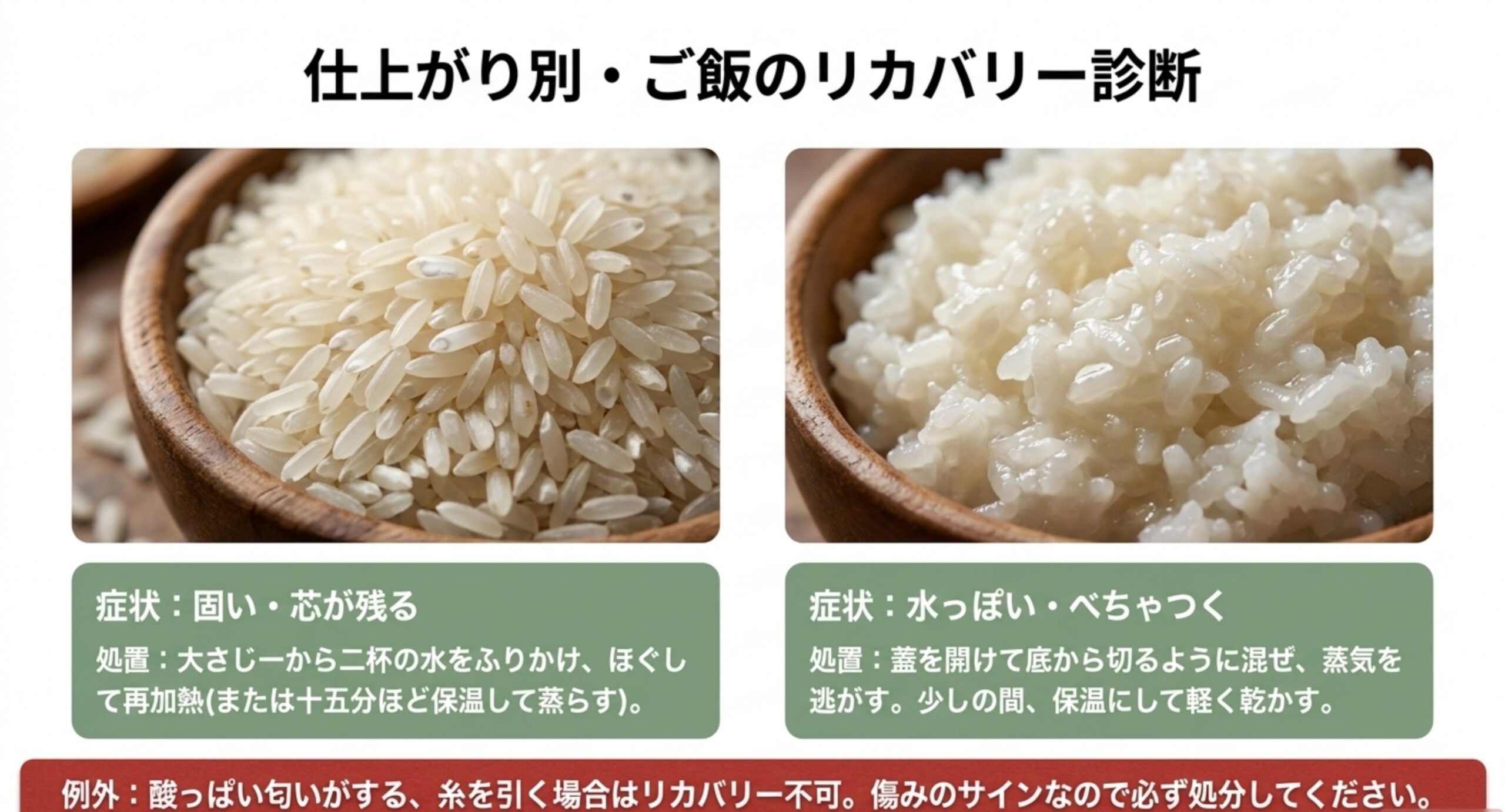 固い・芯が残るご飯は水を足して再加熱、水っぽいご飯は混ぜて蒸気を飛ばすリカバリー（酸っぱい匂い・糸を引く場合は処分）