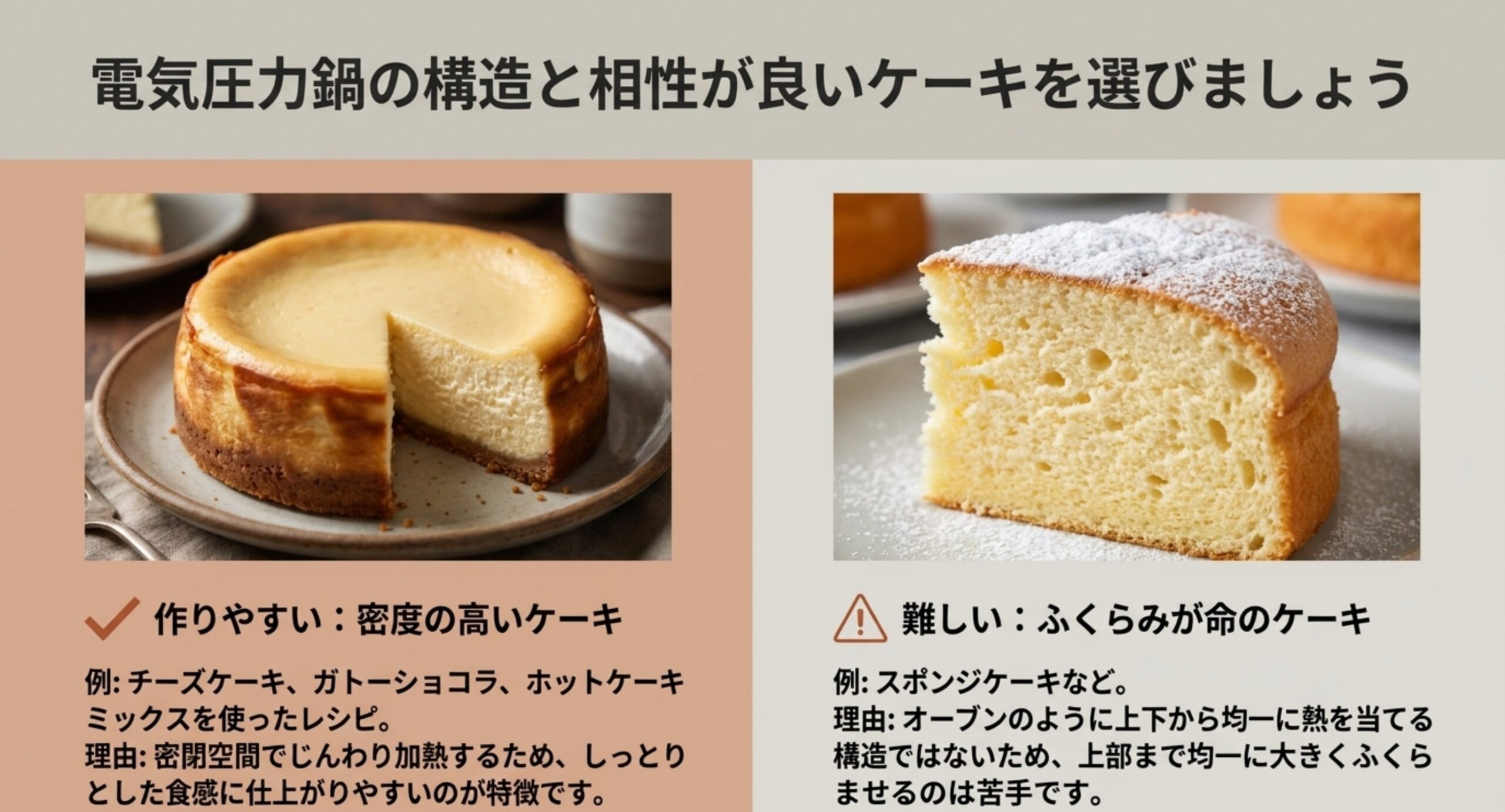 チーズケーキなど密度の高いケーキは作りやすく、スポンジケーキなどふくらみが命のケーキは難しいことを比べた画像