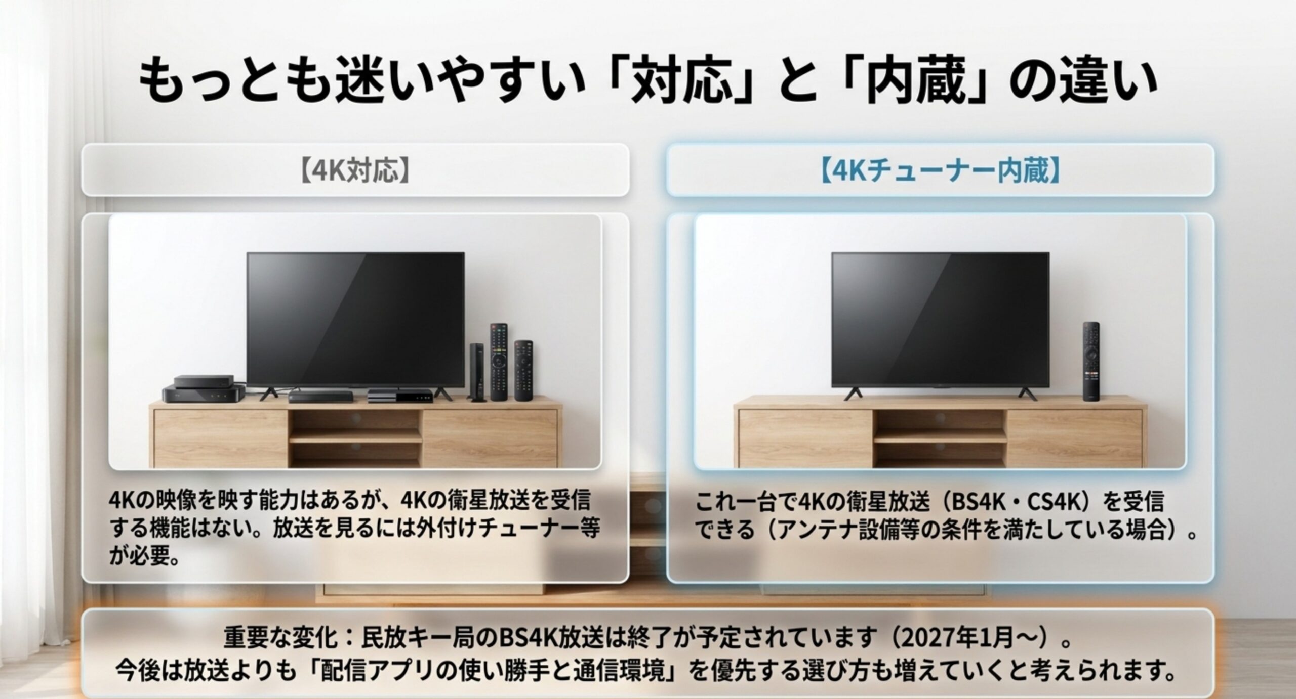 4K対応は映すだけで放送受信には外付けチューナーが必要、4Kチューナー内蔵は一台で衛星放送を受信できることを左右に並べ、民放キー局のBS4K終了予定も示した図