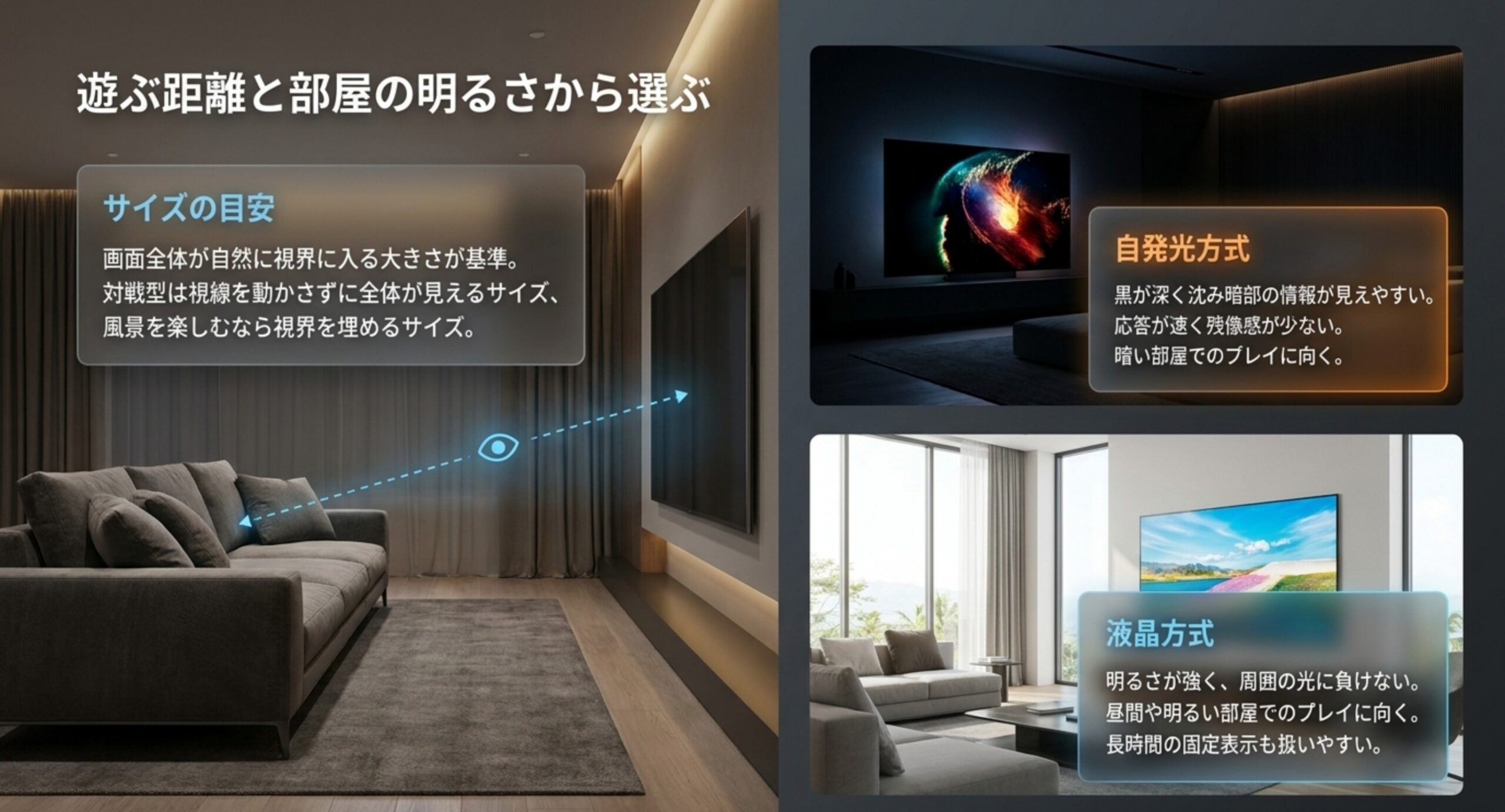 ソファから画面までの視線を示した図と、暗い部屋に向く自発光方式・明るい部屋に向く液晶方式の特徴を並べた図