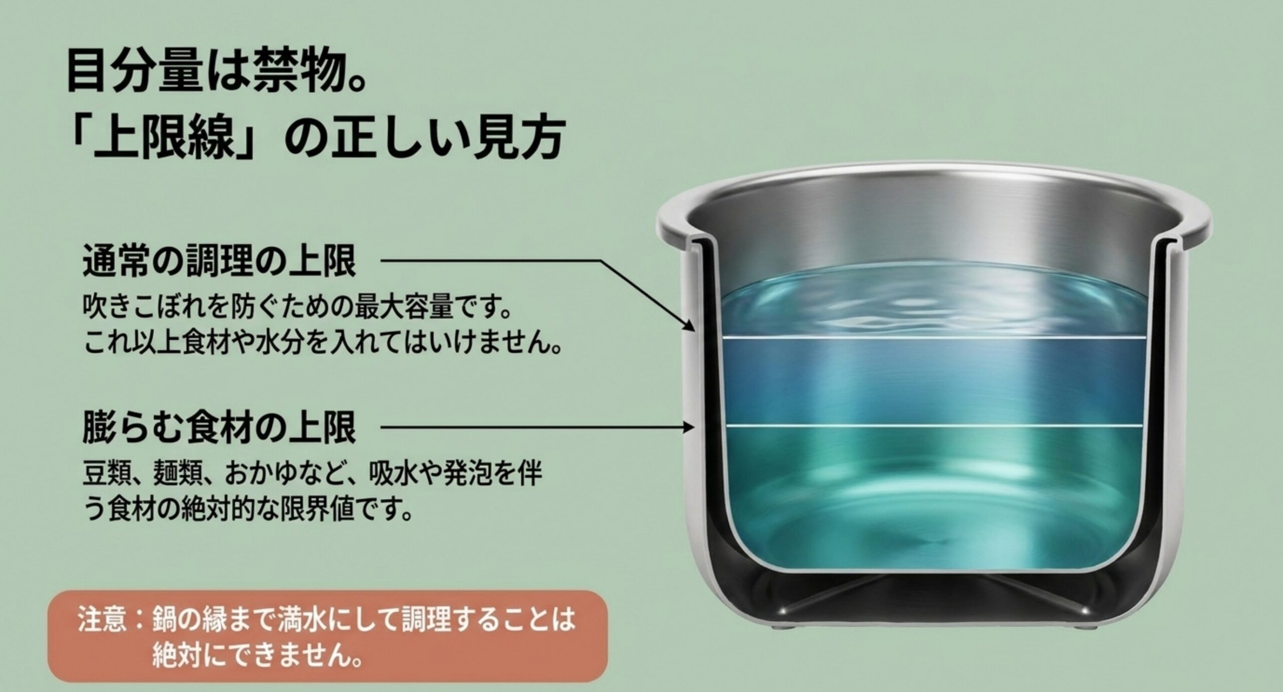 通常の調理の上限と膨らむ食材の上限という2つの上限線を示した内鍋の図