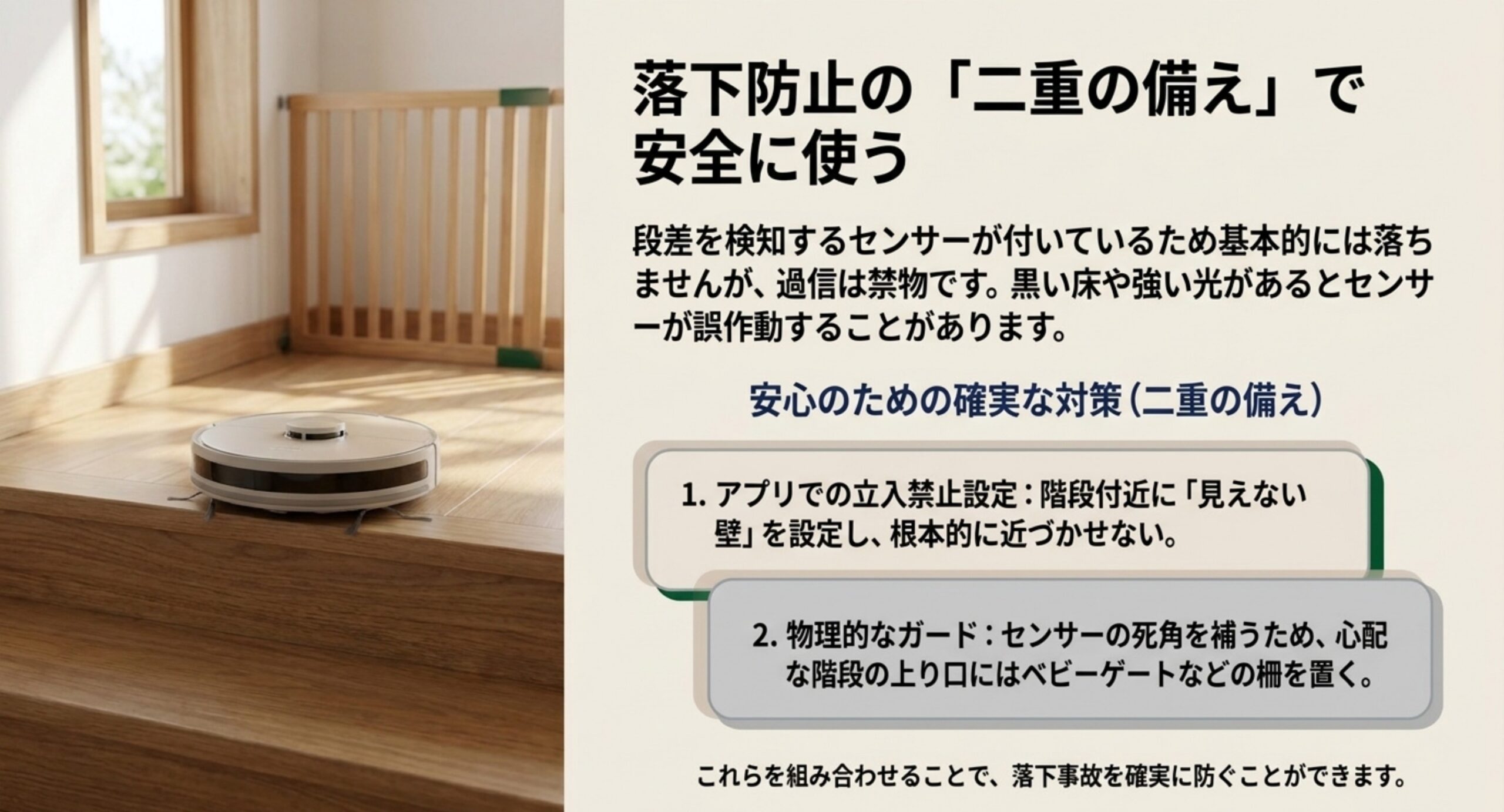 落下防止センサーは基本落ちないが過信は禁物。アプリの立入禁止設定と物理的なガードを併用する二重の備え