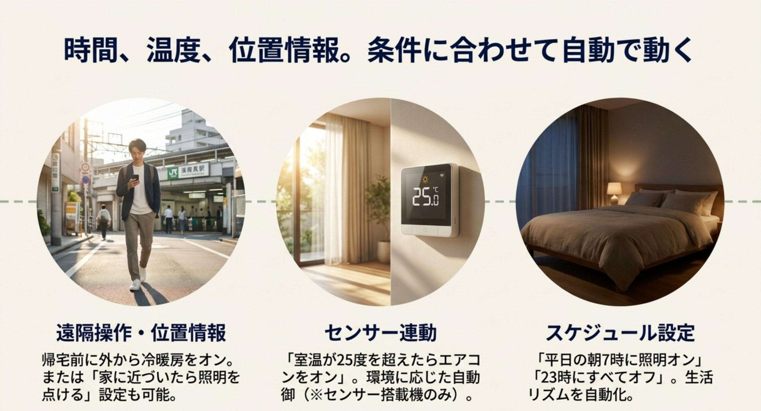 帰宅前の遠隔操作や位置情報連動、室温に応じたセンサー連動、時刻指定のスケジュール設定で自動化できる例
