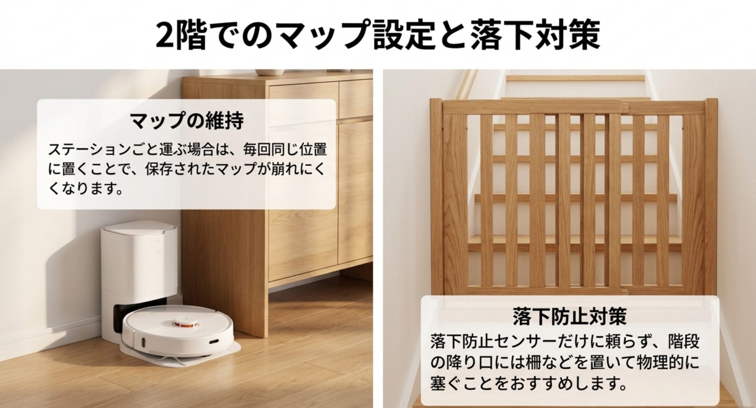 充電ステーションを毎回同じ位置に置くとマップが崩れにくいこと、階段の降り口は柵で物理的に塞ぐことを示した図