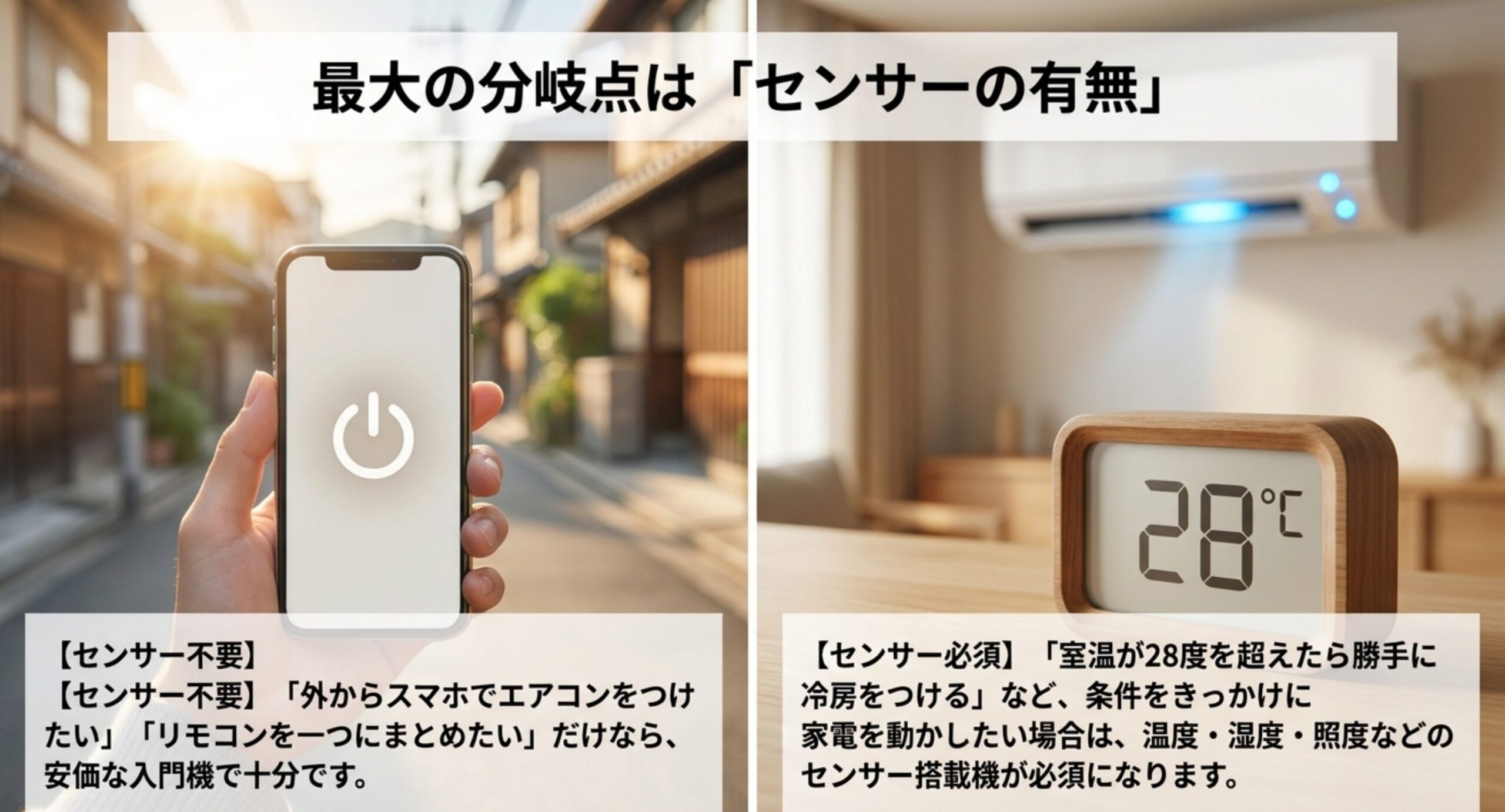 リモコンをまとめる・外から操作するだけなら入門機で足り、室温などの条件で自動化したい場合はセンサー搭載機が必要になる違い