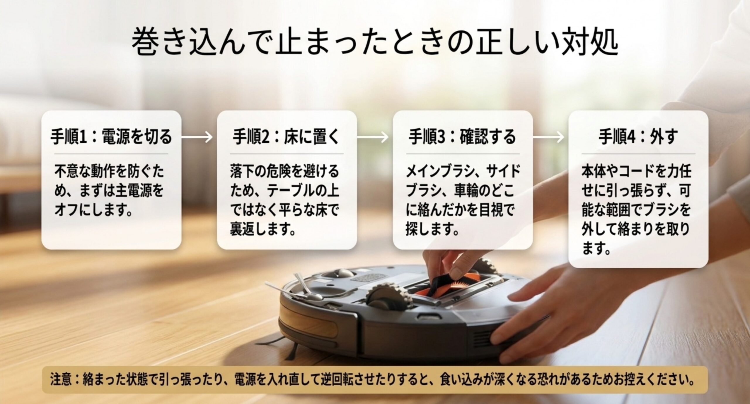 電源を切る・床に置いて裏返す・絡んだ場所を確認する・ブラシを外して取り除くという4手順と、引っ張らない逆回転させないという注意を示した図