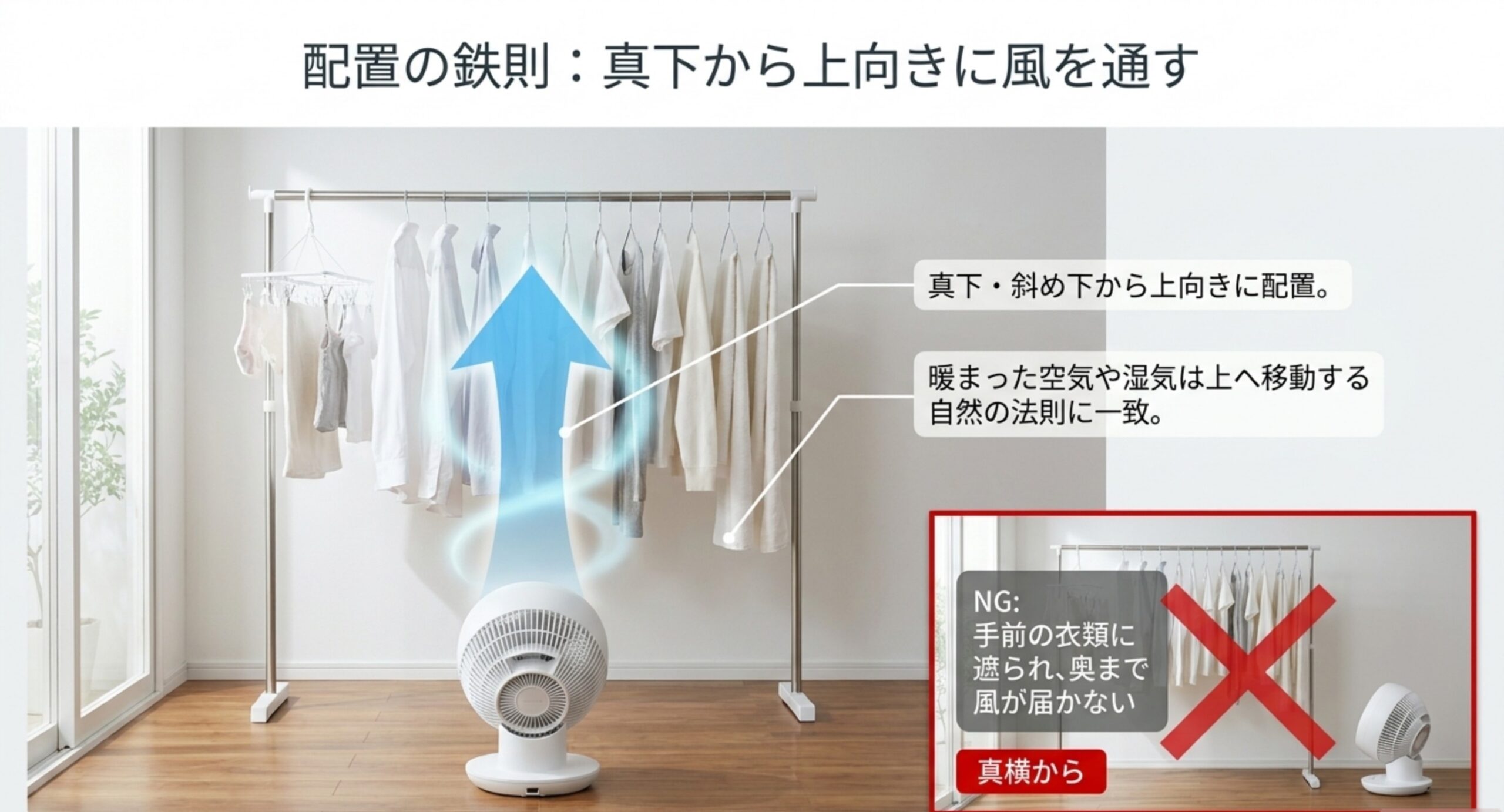 サーキュレーターを洗濯物の真下・斜め下に置いて上向きに風を通す配置と、真横から当てるNG例を示した図