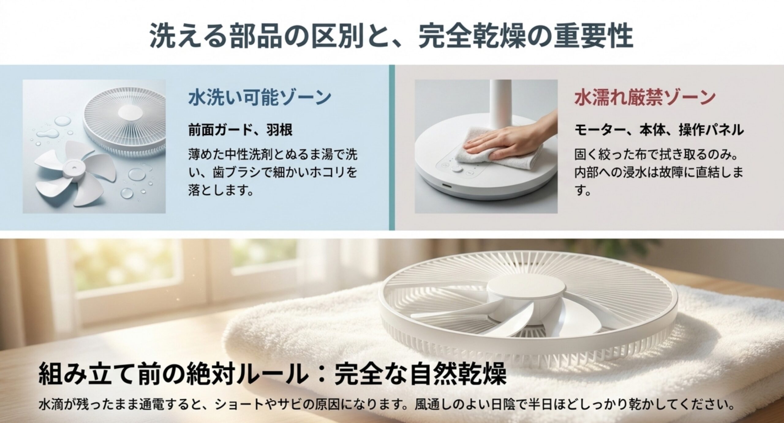 水洗いできる前面ガードと羽根、水濡れ厳禁のモーター・本体・操作パネルの区別と完全乾燥の重要性