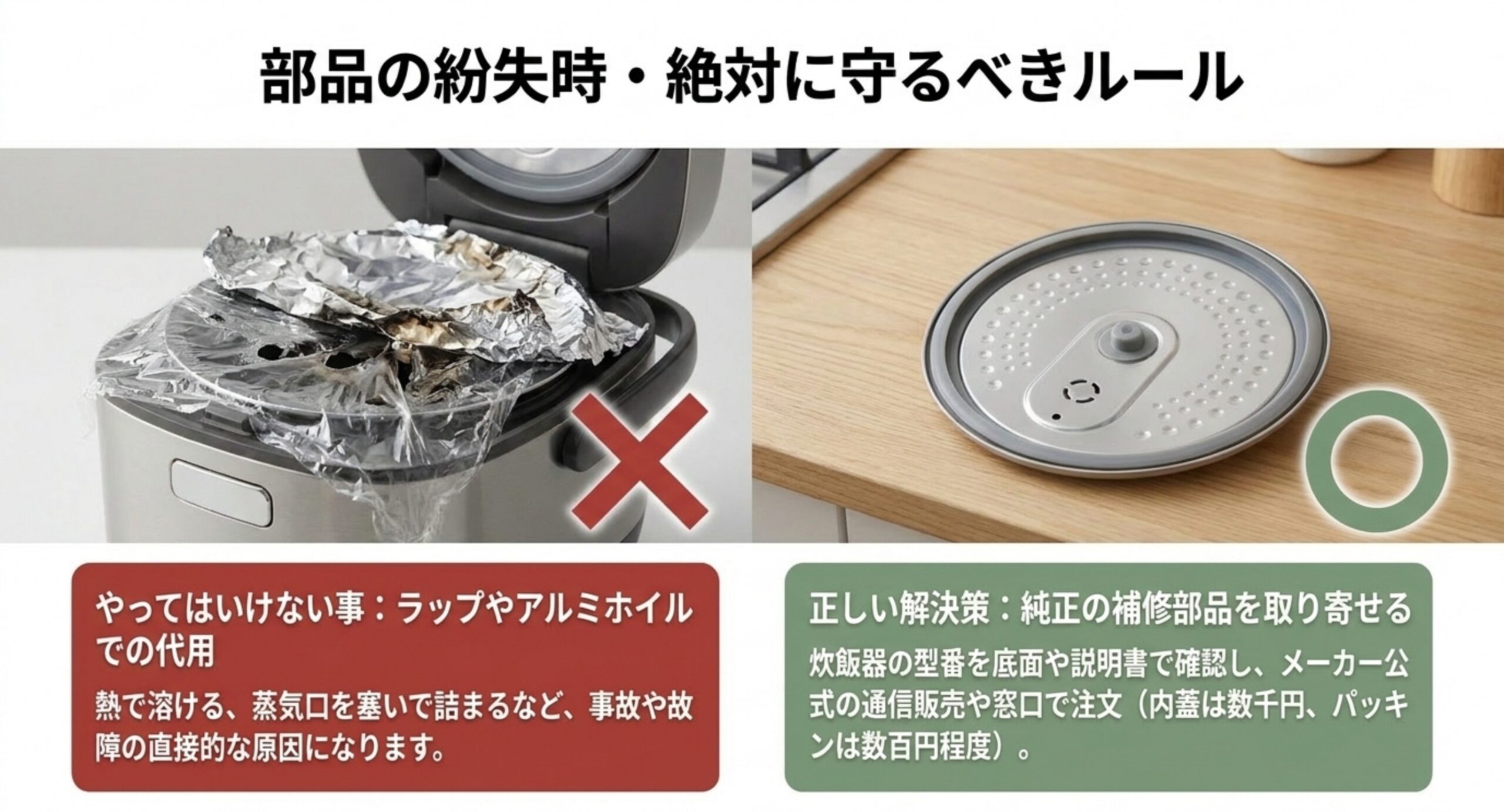 ラップやアルミホイルでの代用はNG、型番を確認してメーカー純正の補修部品を取り寄せるのが正解