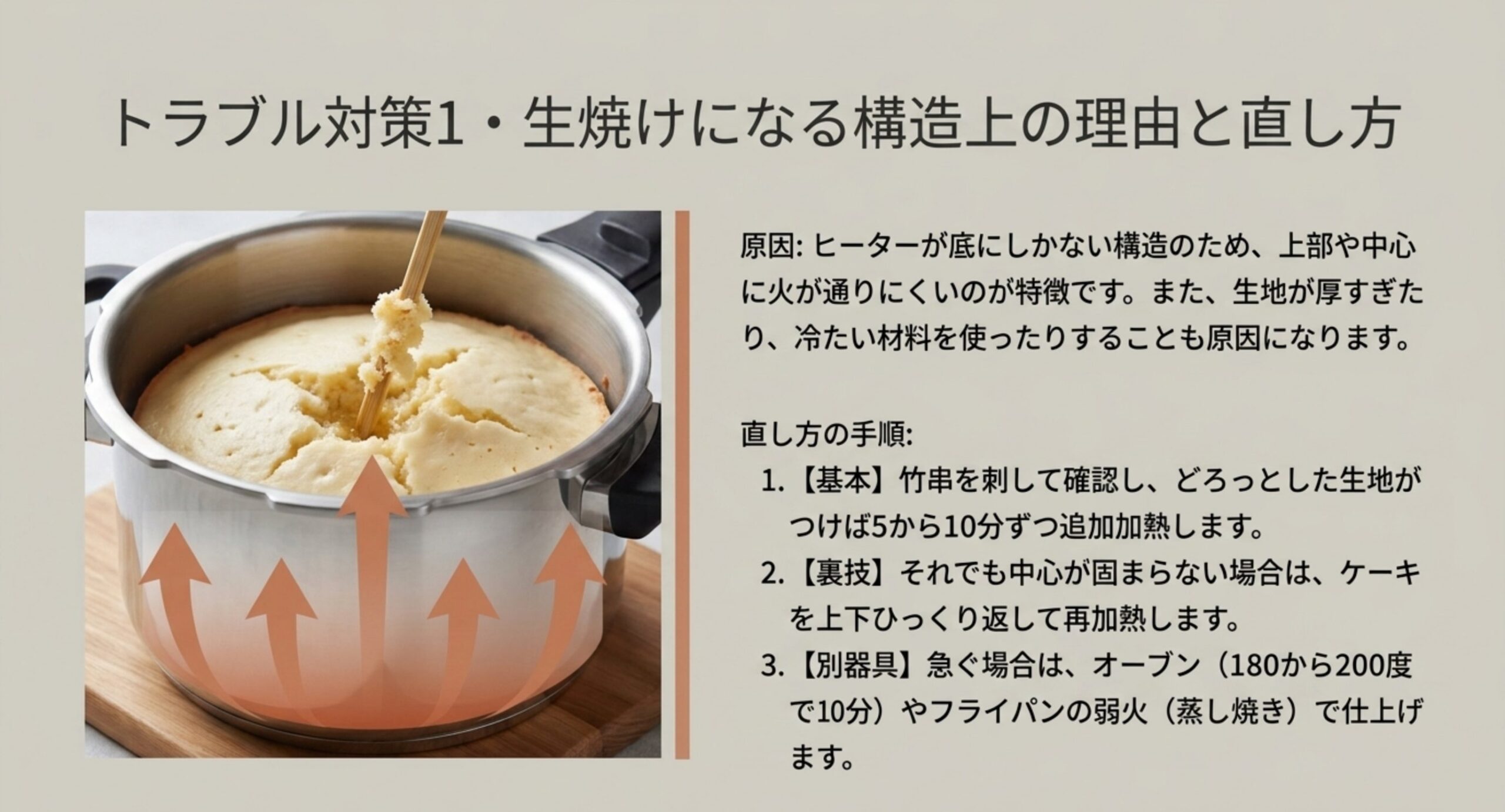 底のヒーターから加熱する構造で上部が生焼けになりやすい理由と、追加加熱や上下反転などの直し方を示す図