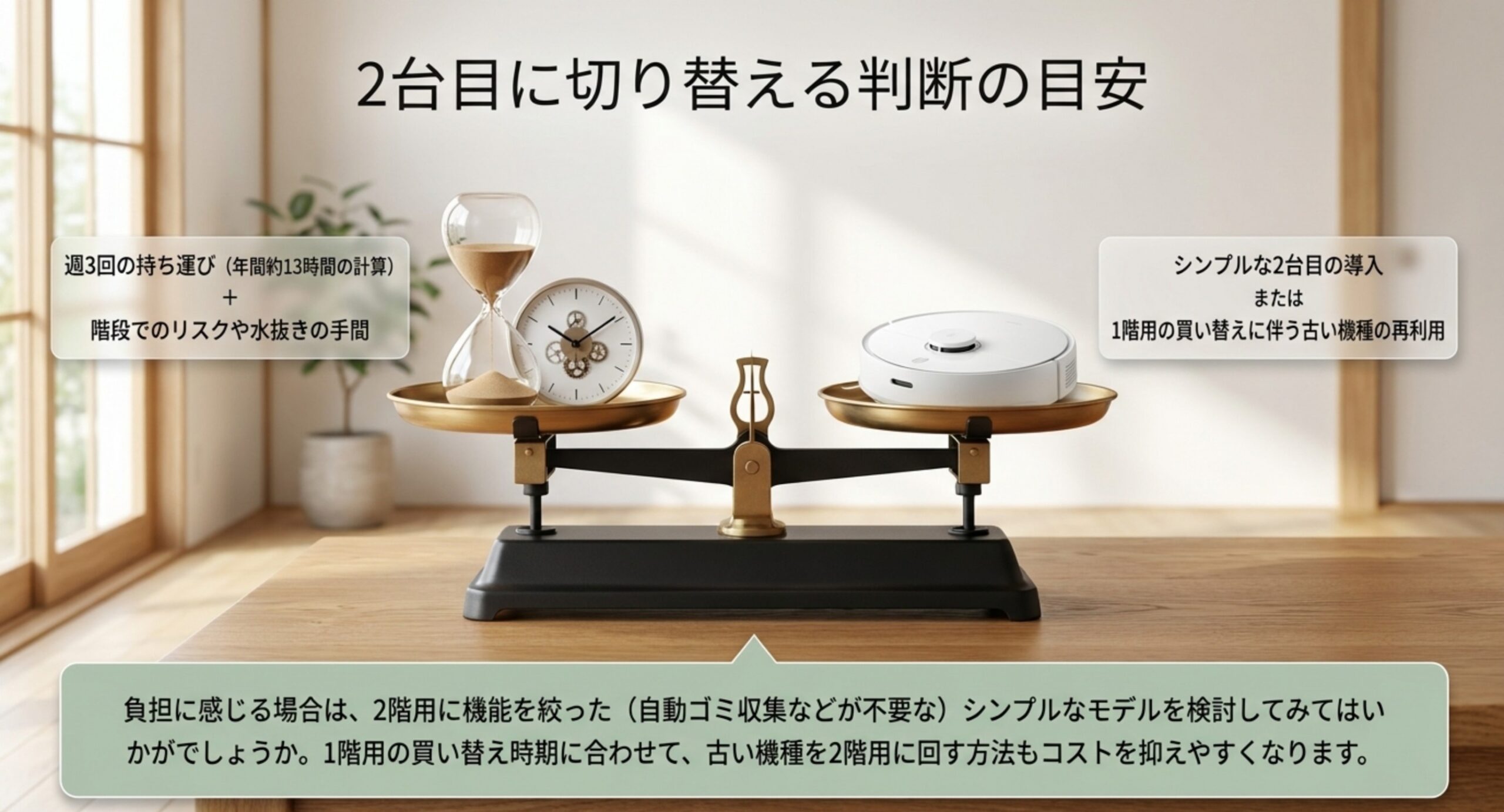 週3回の持ち運びで年間約13時間という手間と、2台目の導入や1階用の買い替えに伴う旧機種の再利用を天秤にかけた図