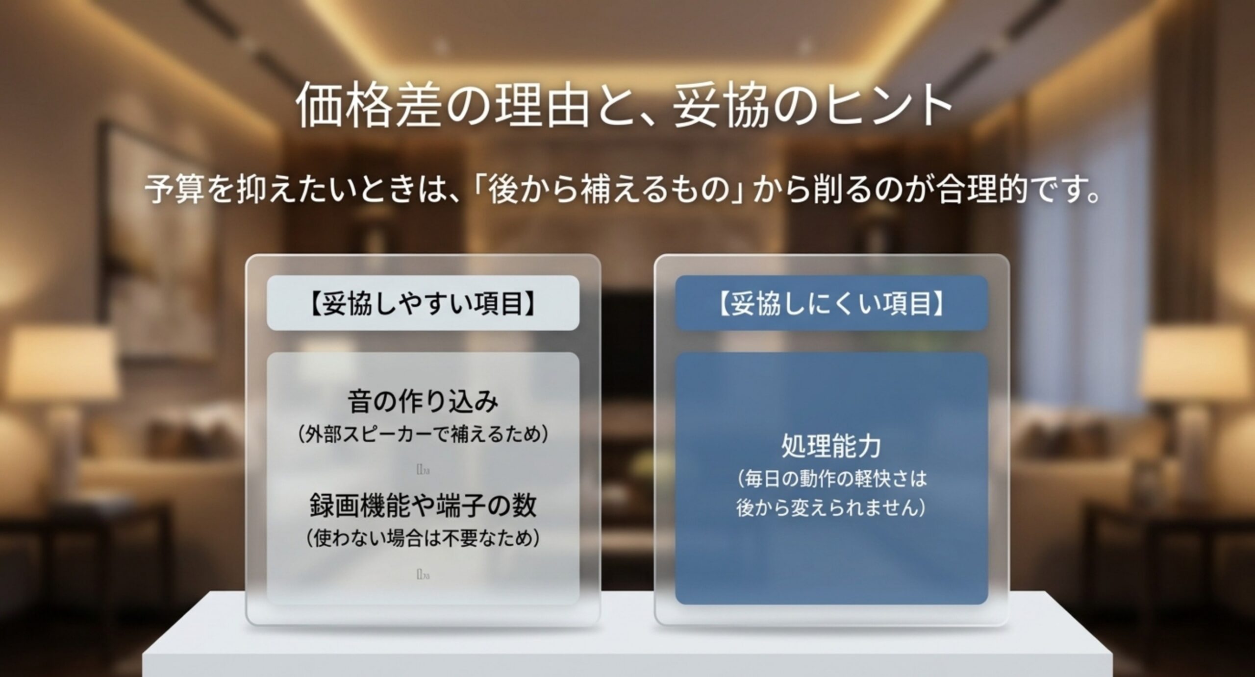 音の作り込みや録画機能は後から補えるため妥協しやすく、毎日の動作の軽快さに関わる処理能力は妥協しにくいことを対比した図
