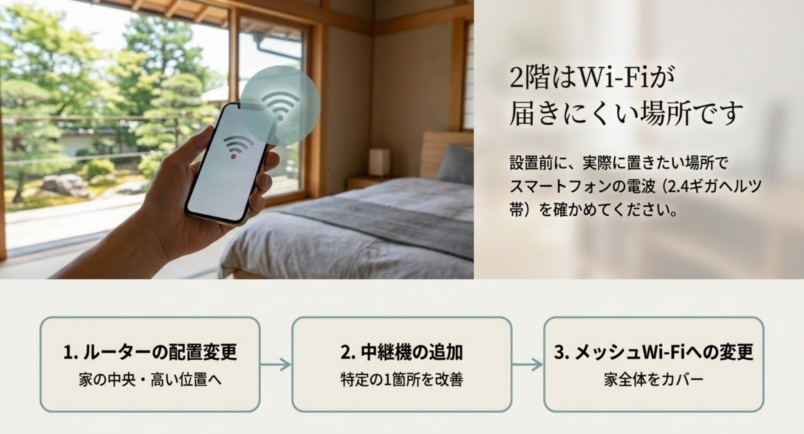 設置予定の場所でスマートフォンの電波を確認し、ルーター配置・中継機・メッシュの順に対策する流れを示した図版