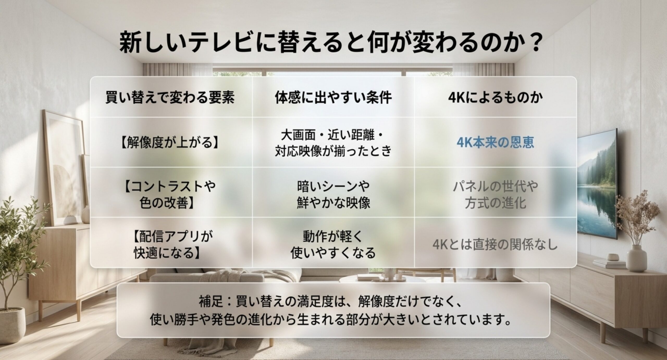 解像度・コントラストや色・配信アプリの快適さという買い替えで変わる要素を、体感に出やすい条件と4Kによるものかで整理した表