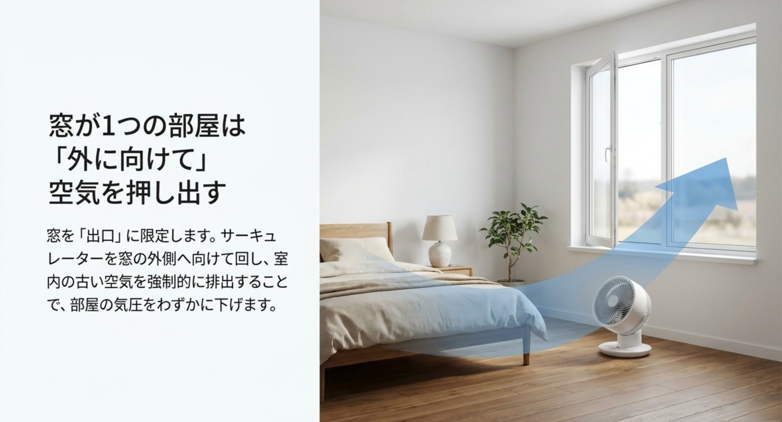 窓が1つの部屋ではサーキュレーターを窓の外へ向けて室内の空気を押し出し排気する置き方を示した図