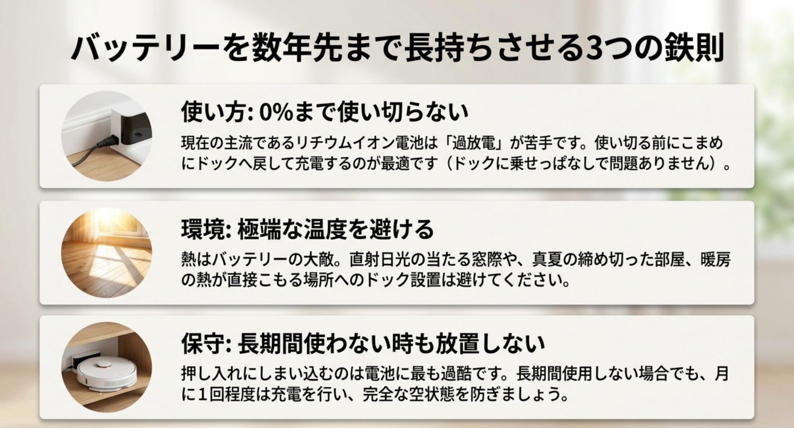 0%まで使い切らない・極端な温度を避ける・長期間使わないときも月1回は充電するバッテリー長持ちのコツ