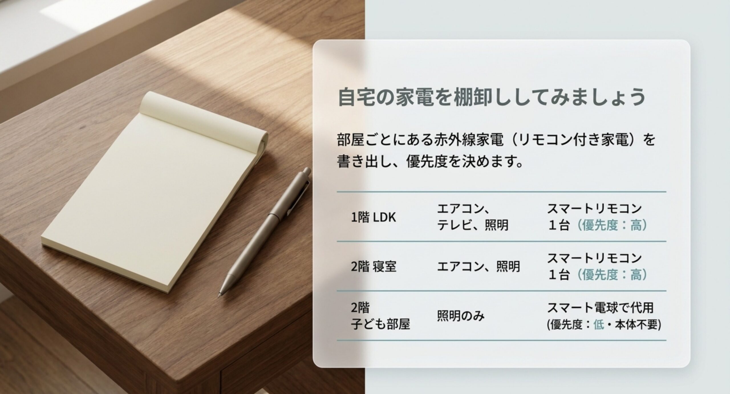 1階LDK・2階寝室・2階子ども部屋の赤外線家電と必要台数、優先度を並べた棚卸し表の図版