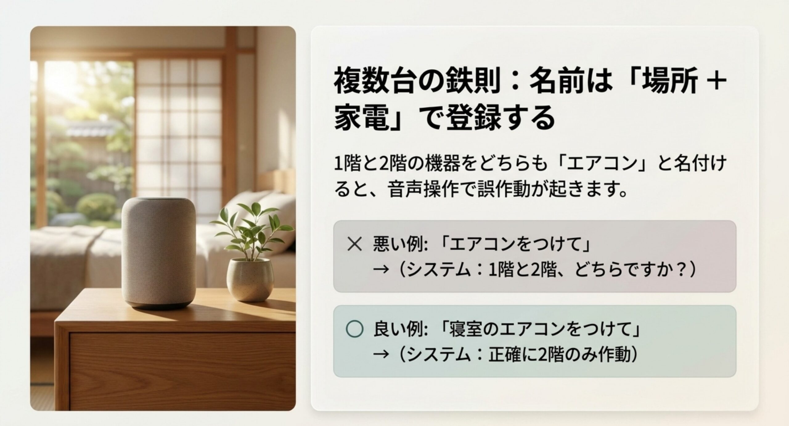 エアコンという同じ名前だと誤操作が起き、寝室のエアコンのように場所を付けると正しく動くことを示した図版