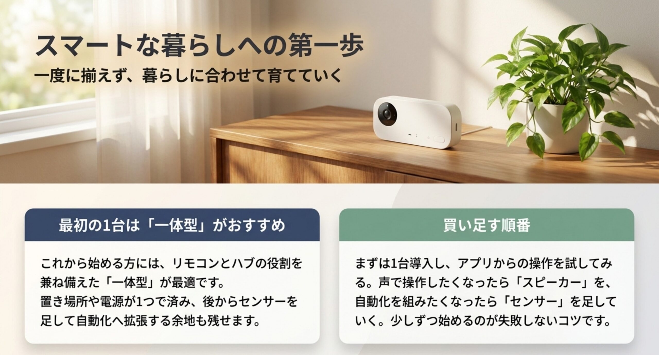 最初は一体型を選び、声で操作したくなったらスピーカー、自動化を組みたくなったらセンサーを足す順番を示した図版