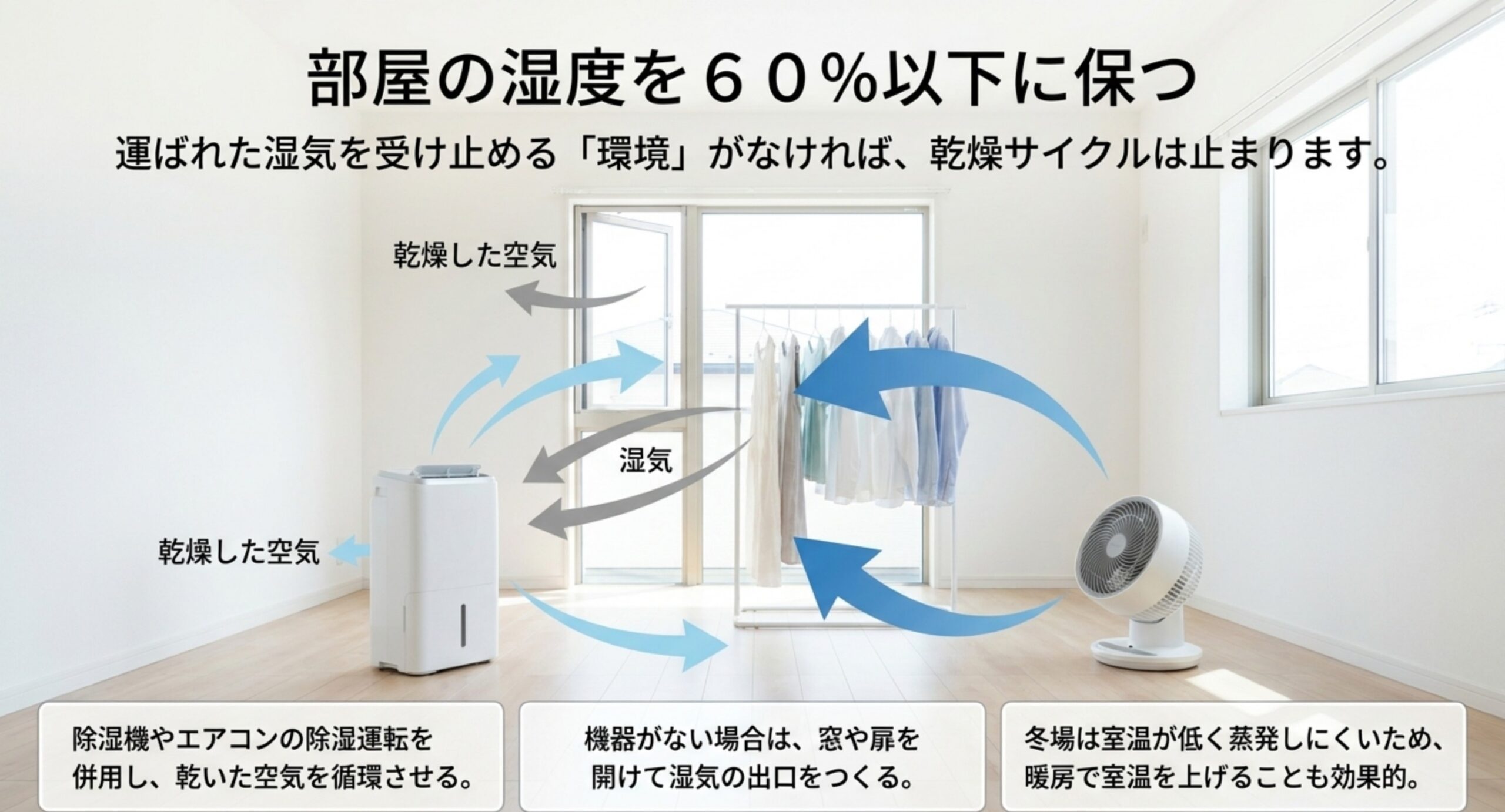 除湿機やエアコンの除湿とサーキュレーターで乾いた空気を循環させ、部屋の湿度を下げる環境づくりを示した図