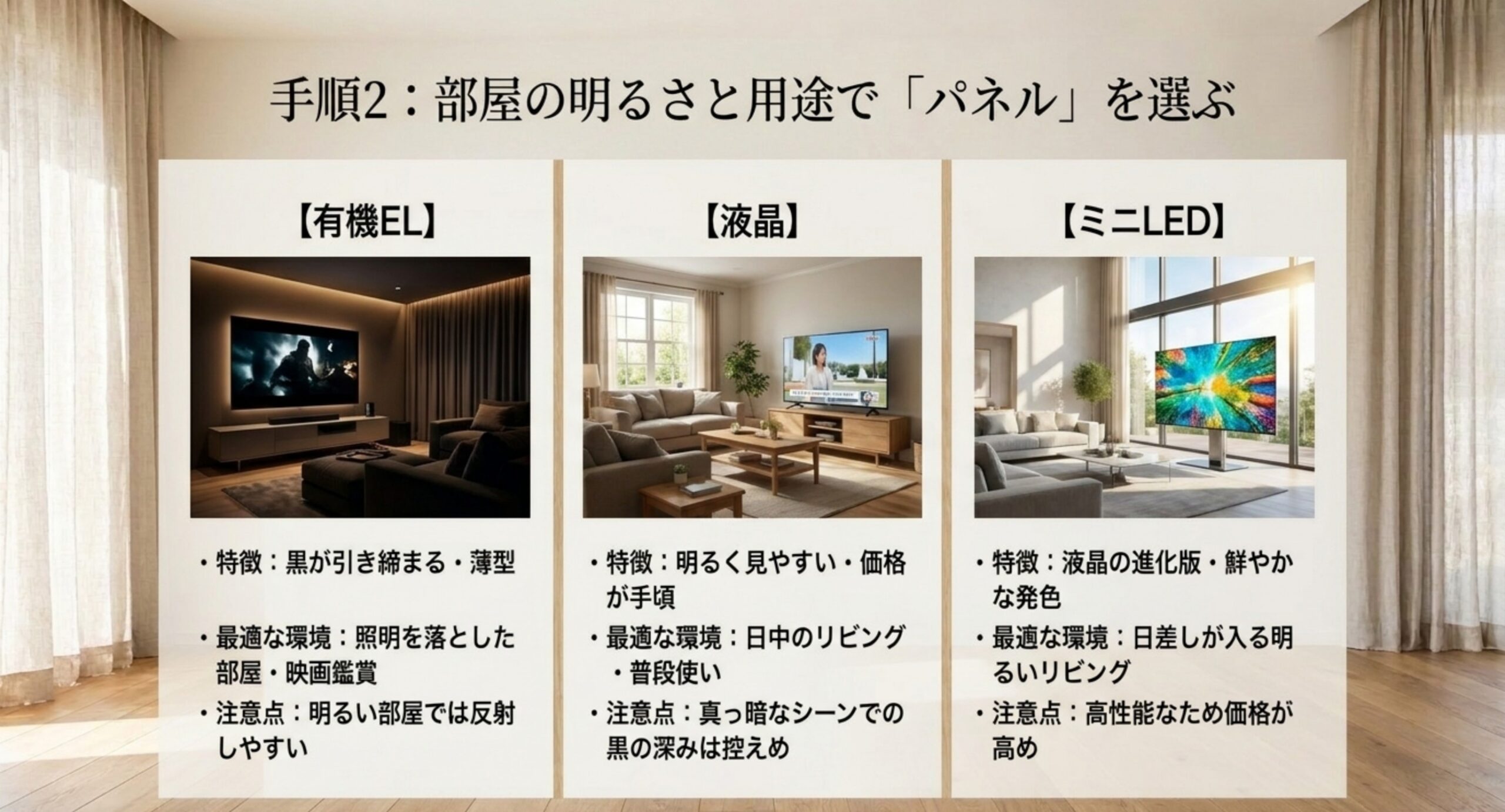 有機ELは暗い部屋の映画向き、液晶は明るい部屋で手頃、miniLEDは明るいリビングで高画質という3種類のパネルの違いを示した図