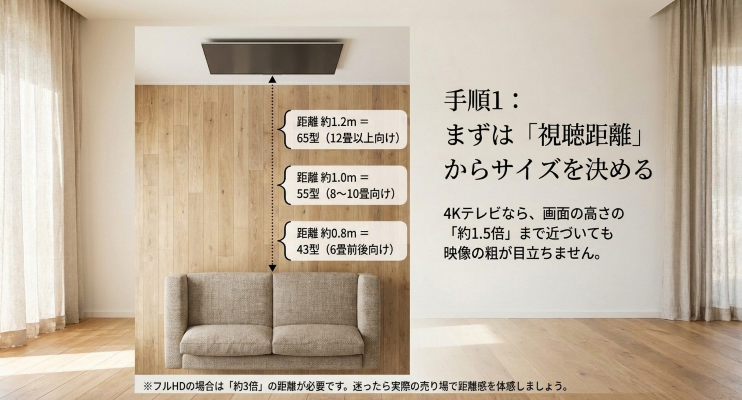 4Kは画面の高さの約1.5倍、フルHDは約3倍を目安に、65型は約1.2m・55型は約1.0m・43型は約0.8mといった視聴距離とサイズの目安を示した図