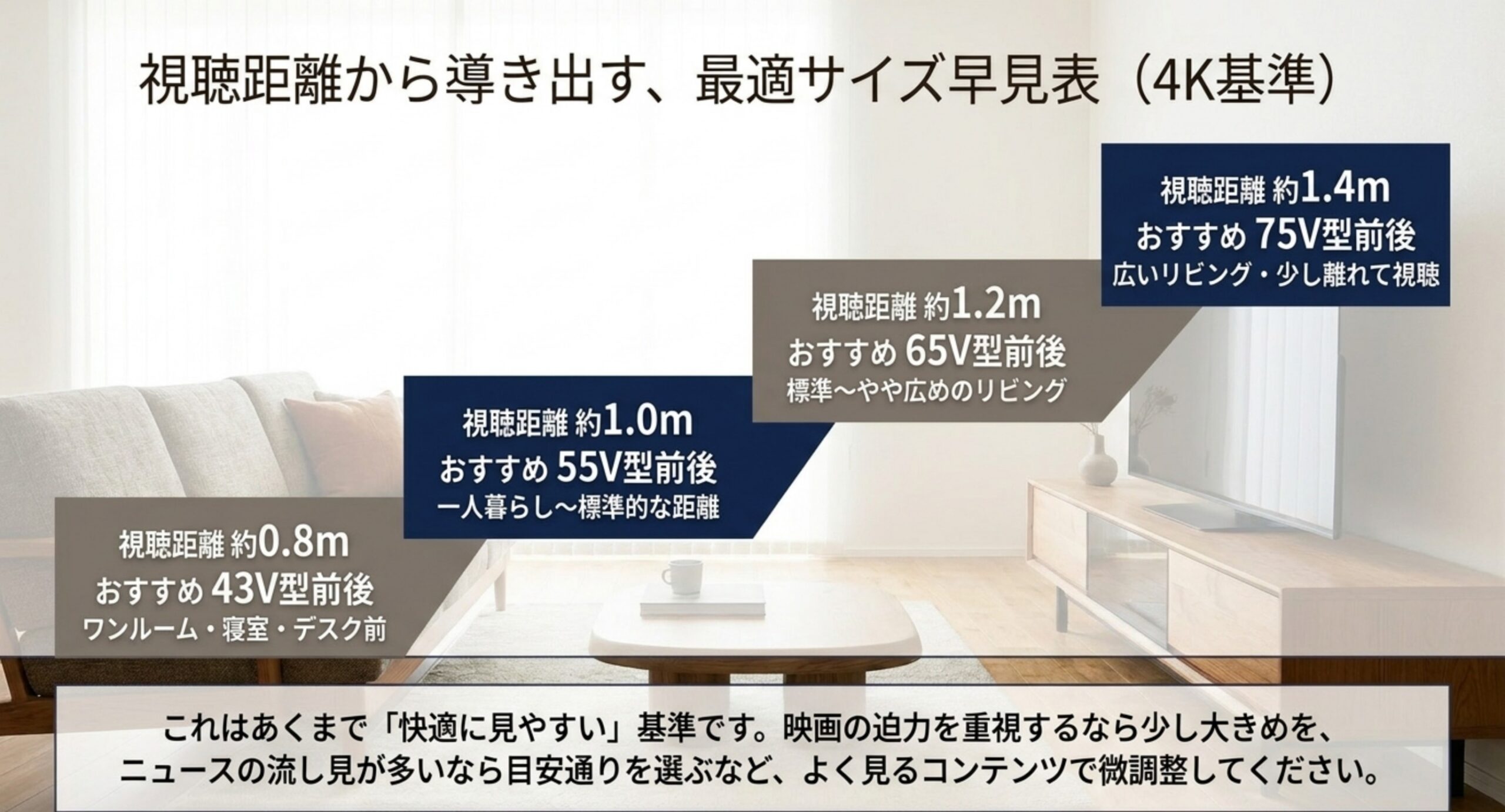 視聴距離約0.8mで43V型、約1.0mで55V型、約1.2mで65V型、約1.4mで75V型という4K基準の距離別おすすめサイズ早見表