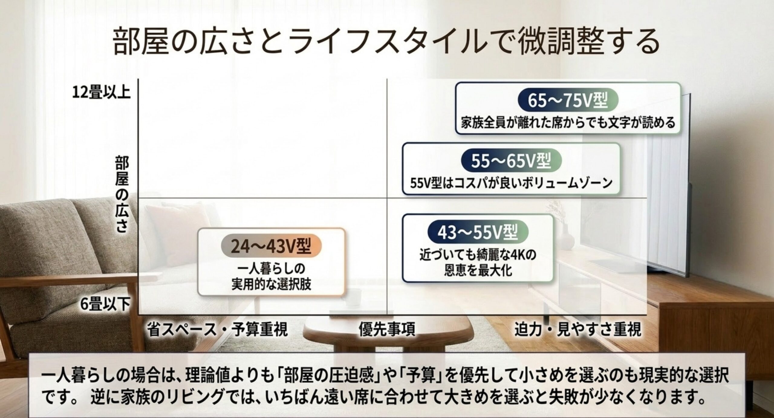 12畳以上は65〜75V型、標準リビングは55〜65V型、一人暮らしは24〜43V型など、部屋の広さと優先事項でサイズを微調整することを示した図