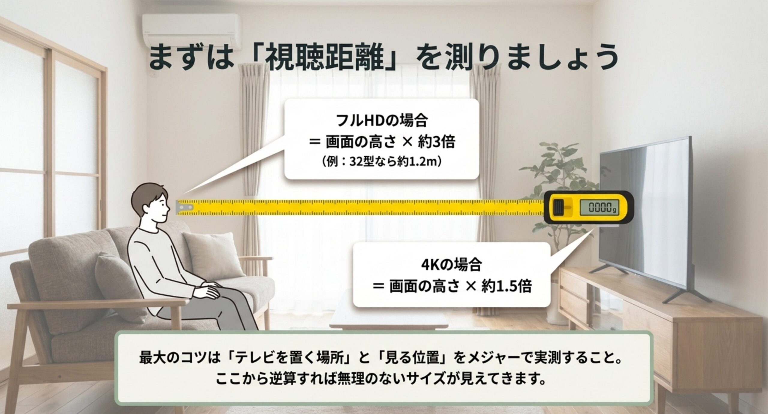 フルHDは画面の高さの約3倍、4Kは約1.5倍を目安に、置き場所と視聴位置をメジャーで実測することを示した図