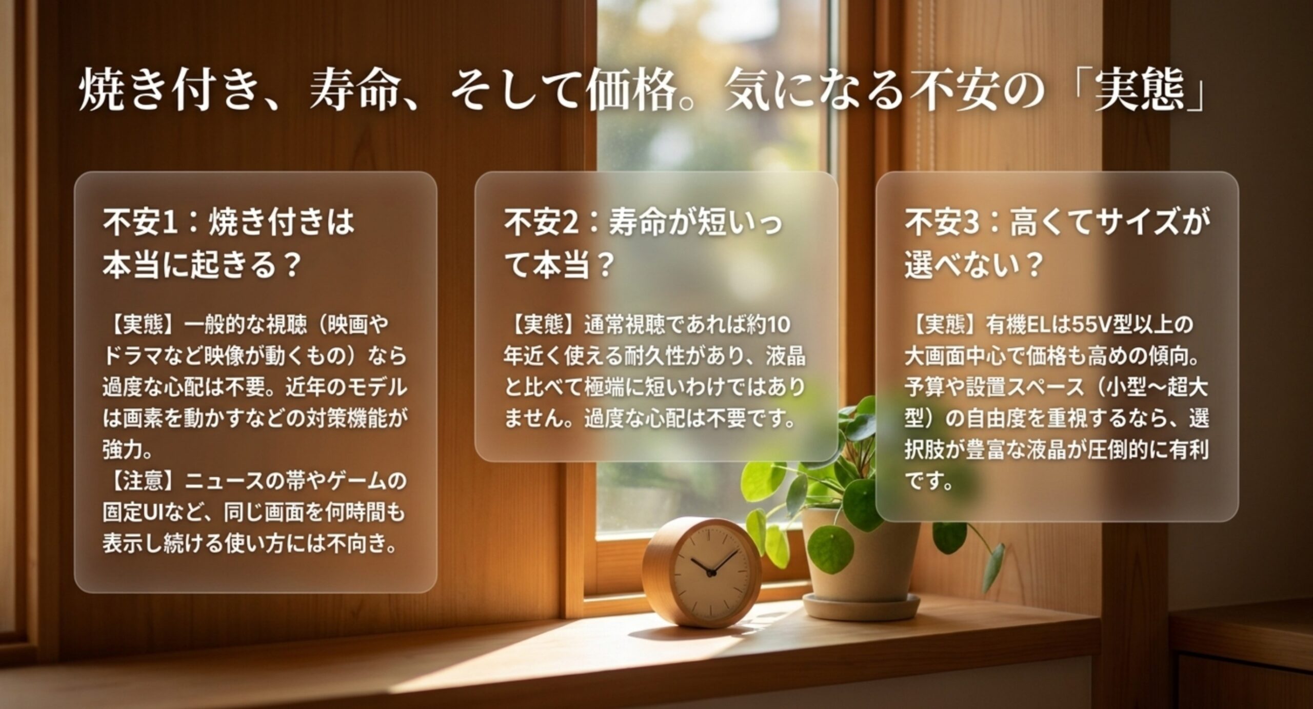 焼き付きは通常視聴なら心配が小さく近年は対策が強化、寿命は通常視聴で約10年近く、有機ELは55V型以上中心で価格は高め、という不安の実態を示した図