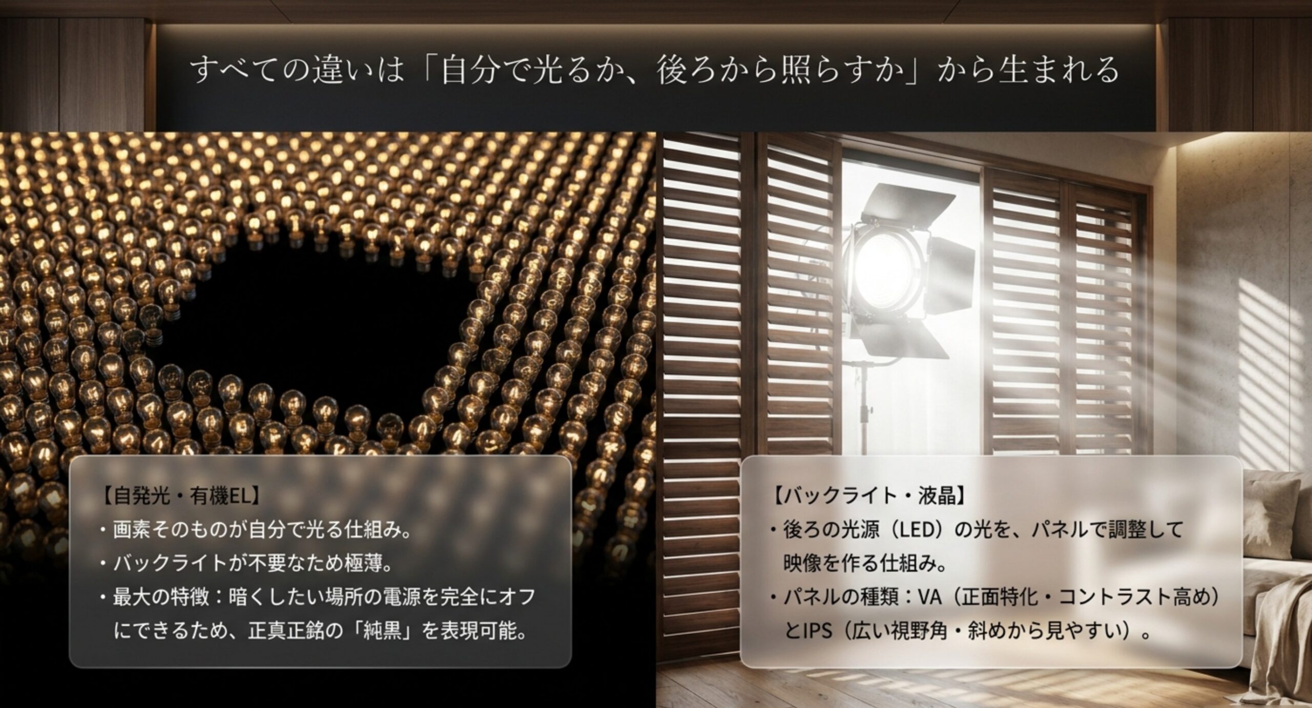 有機ELは画素そのものが自分で光る自発光、液晶は後ろのバックライトの光をパネルで調整するという仕組みの違いを示した図