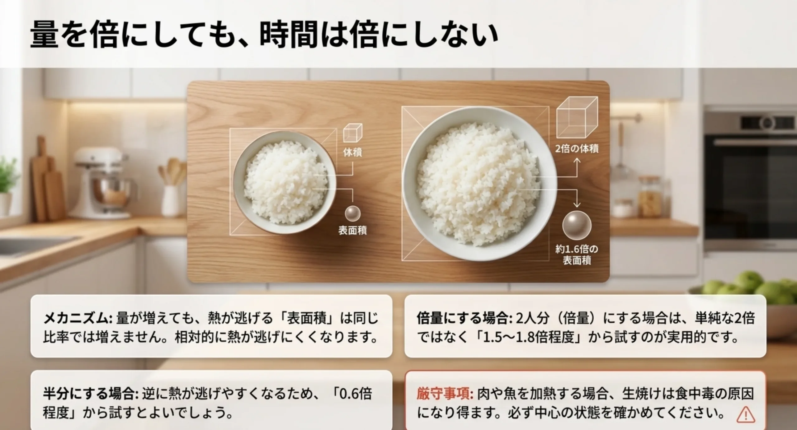 ごはんの量を2倍にしたとき体積は2倍でも表面積は約1.6倍にとどまることを図示し、加熱時間の目安を1.5〜1.8倍とする理由を示したスライド