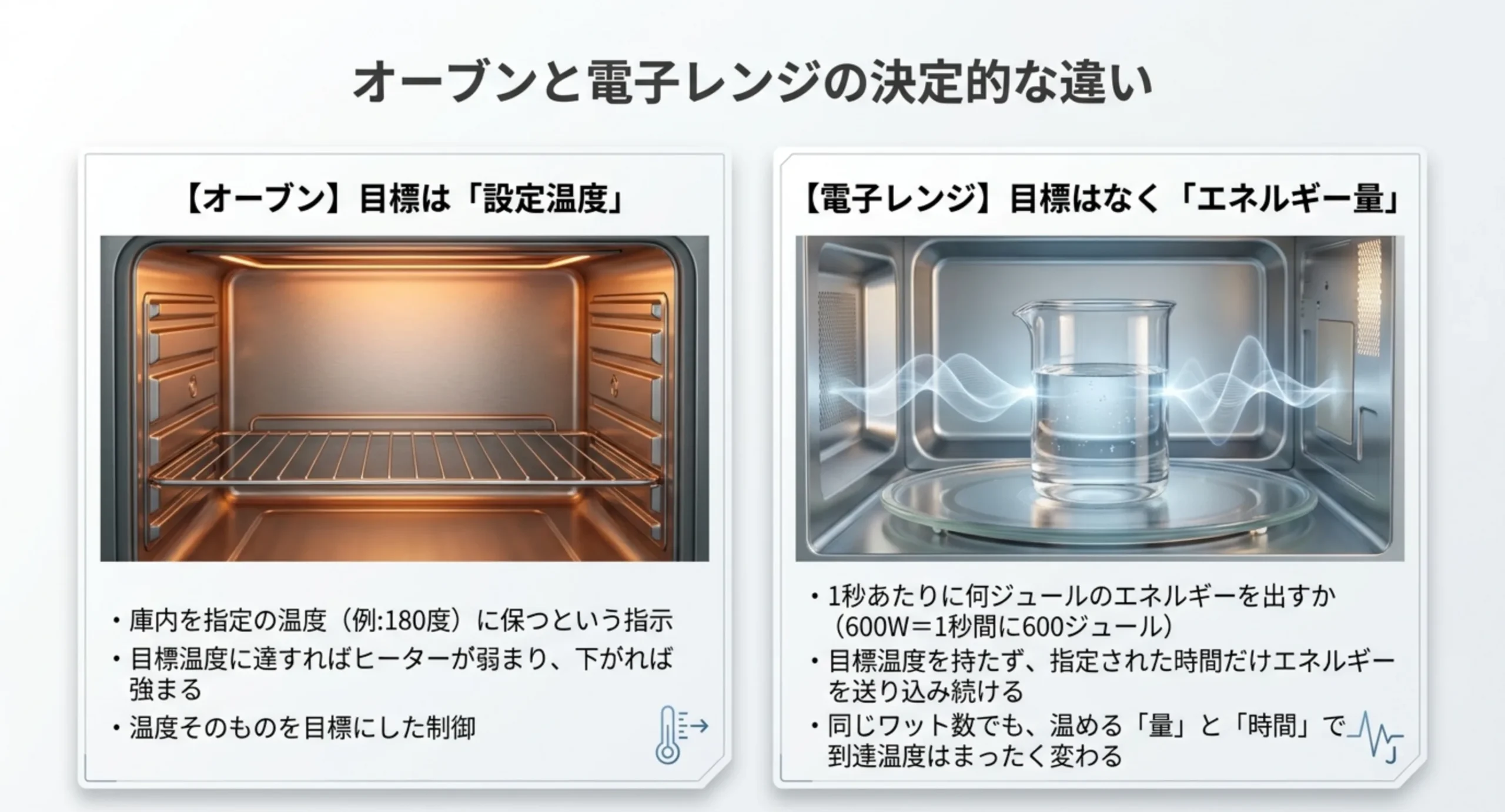 オーブンが庫内を設定温度に保つ制御なのに対し、電子レンジは目標温度を持たず1秒あたりのエネルギー量を送り続けるという違いを左右に並べて比較したスライド