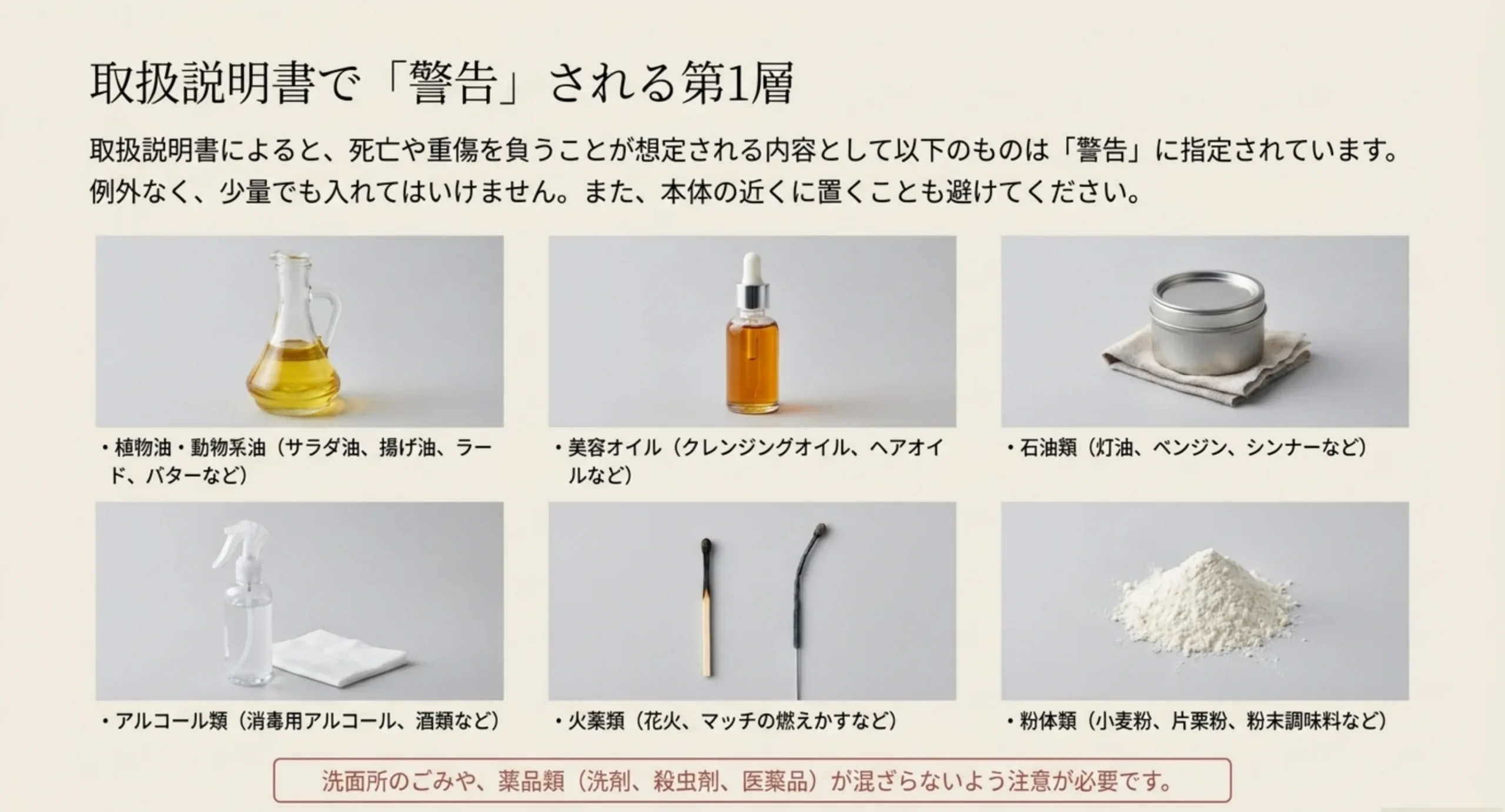 植物油や動物系油、美容オイル、石油類、アルコール類、火薬類、粉体類の6分類を写真つきで並べたスライド