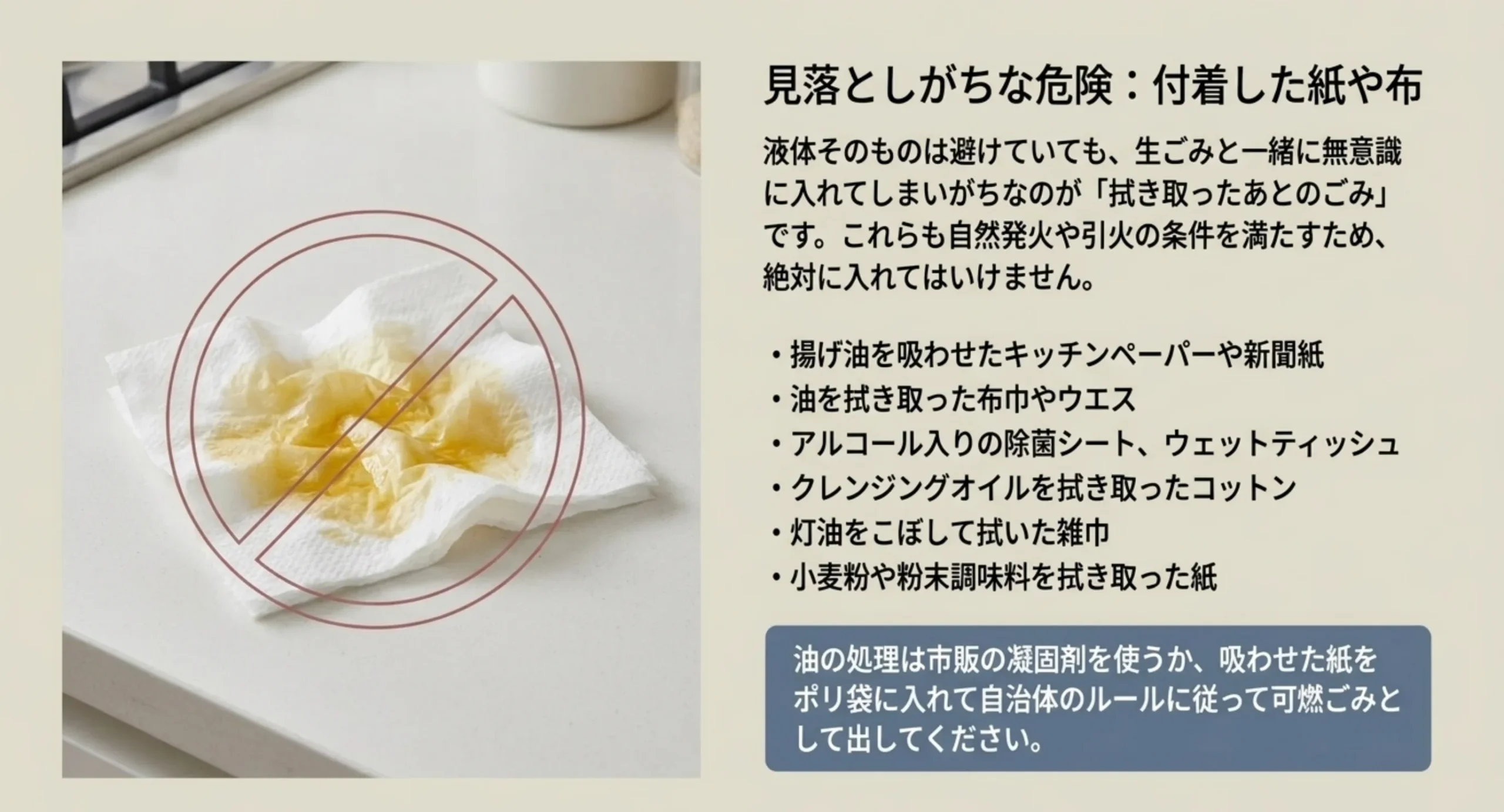 油を吸わせたキッチンペーパーに禁止マークを重ね、対象となる紙や布の具体例と油の正しい処分方法を並べたスライド