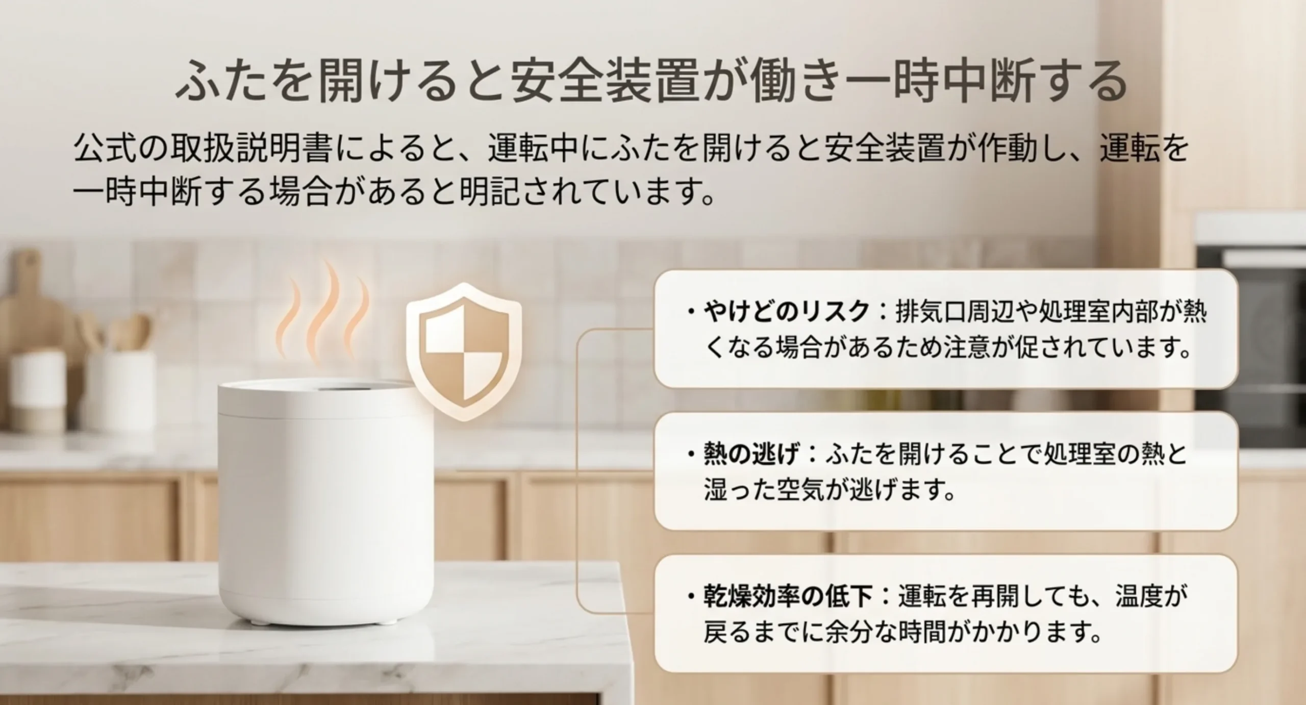 運転中にふたを開けると安全装置で一時中断することと、やけどのリスク、熱の逃げ、乾燥効率の低下を並べたスライド