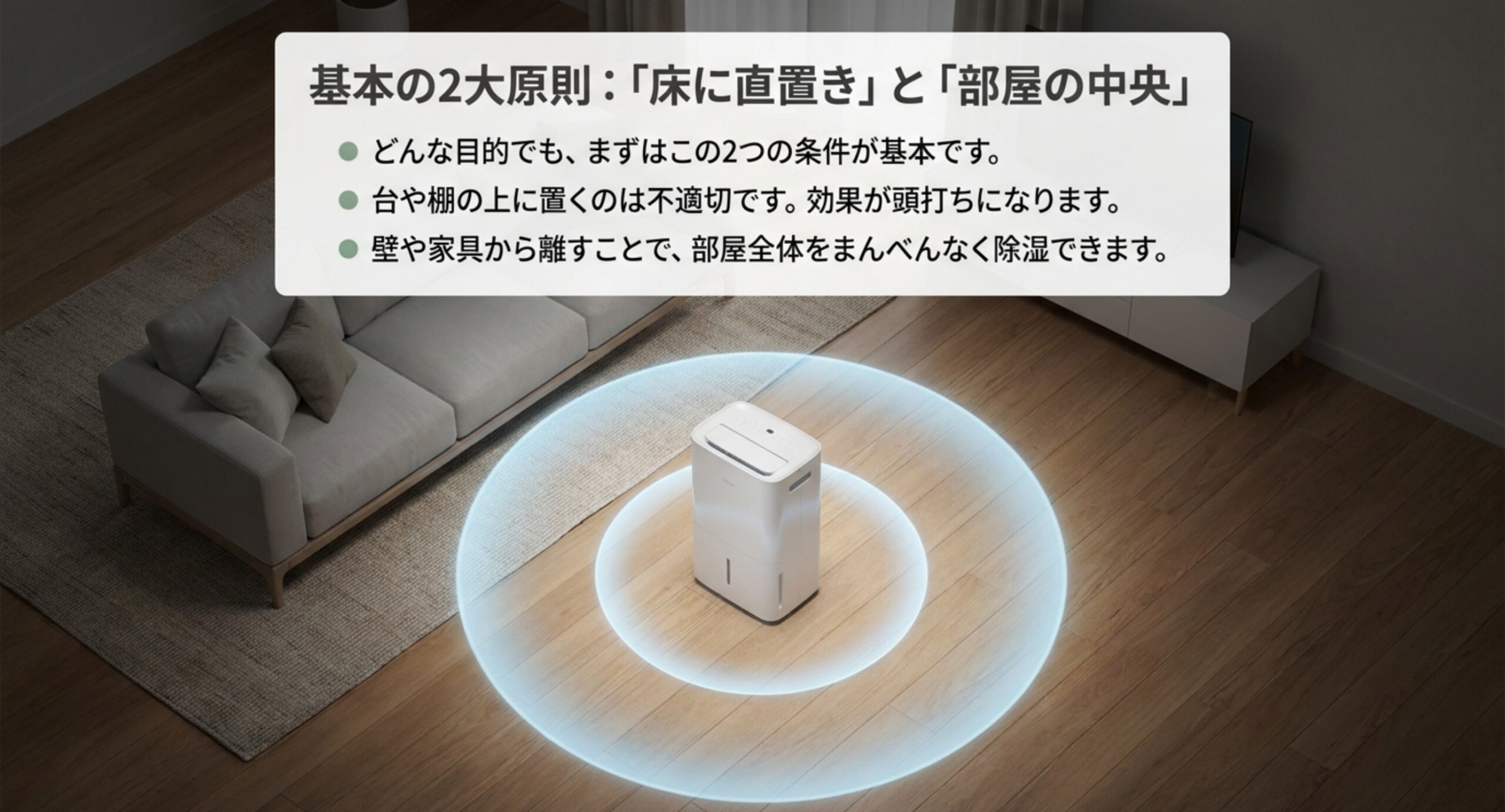 部屋の中央の床に置かれた除湿機を中心に、除湿の効果が同心円状に広がる様子を示した図