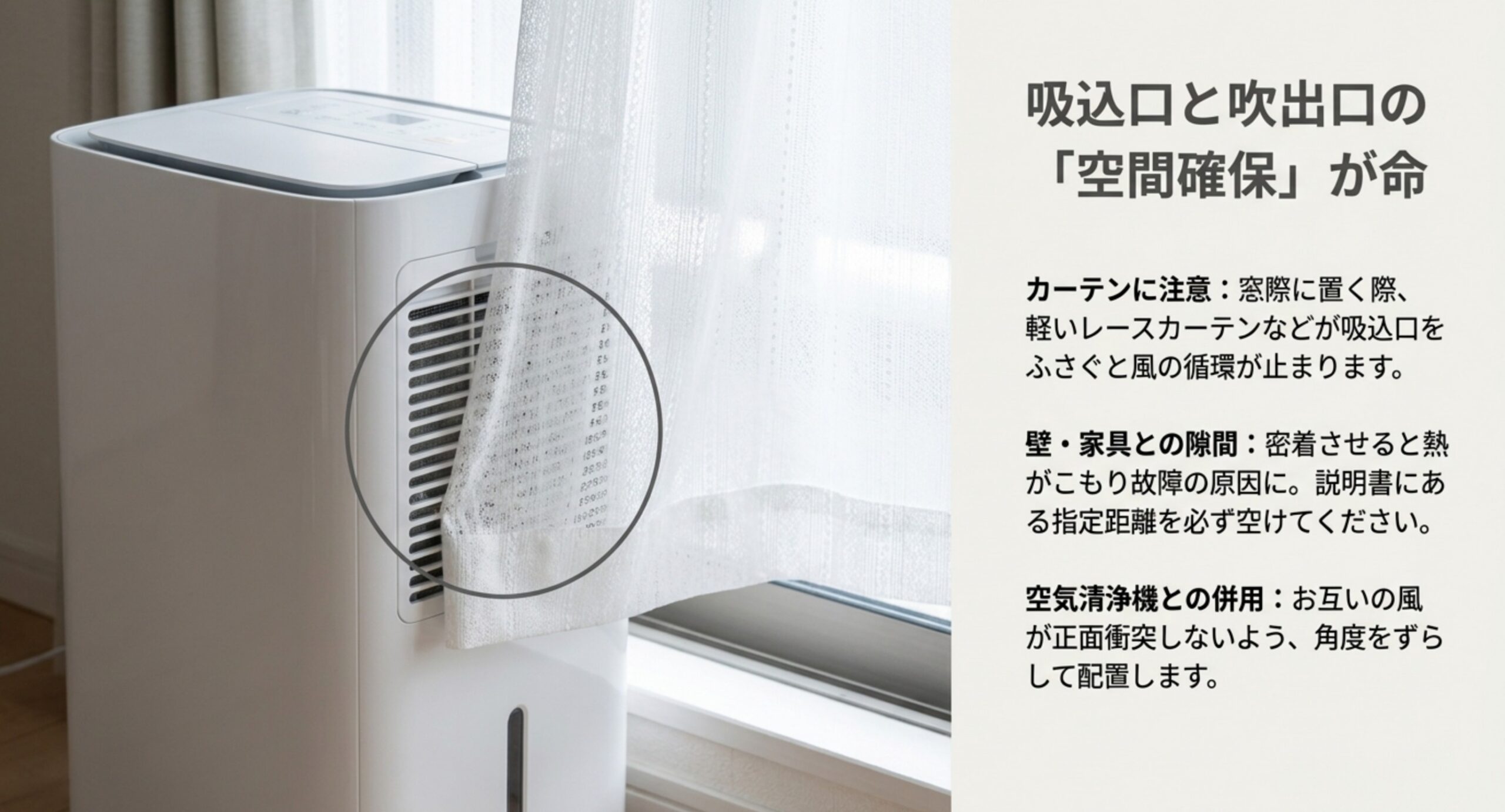 レースカーテンが除湿機の吸込口に張り付いている様子と、壁や家具との距離の注意点を示した図