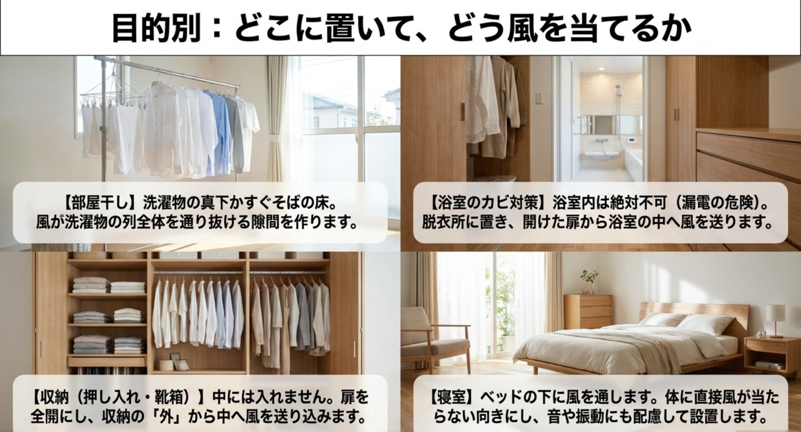 部屋干しは洗濯物の真下、浴室は脱衣所、収納は扉を開けて外から、寝室は風が体に当たらない向きという4つの置き方を並べた図
