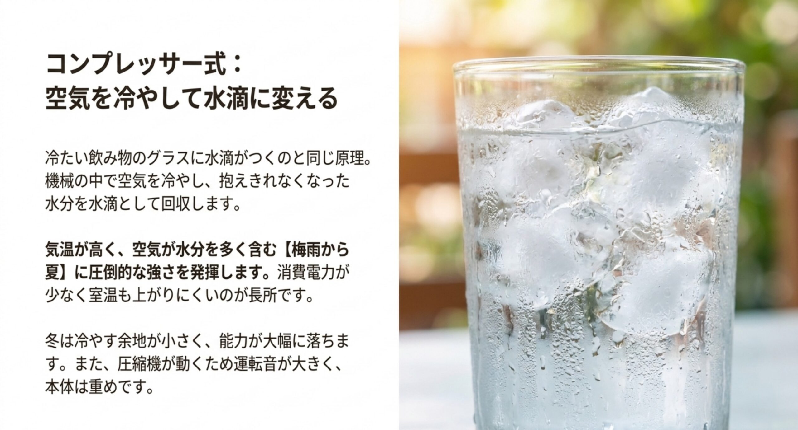 コンプレッサー式が空気を冷やして結露させる仕組みと、梅雨から夏に強く冬は能力が落ちる特性をまとめたスライド