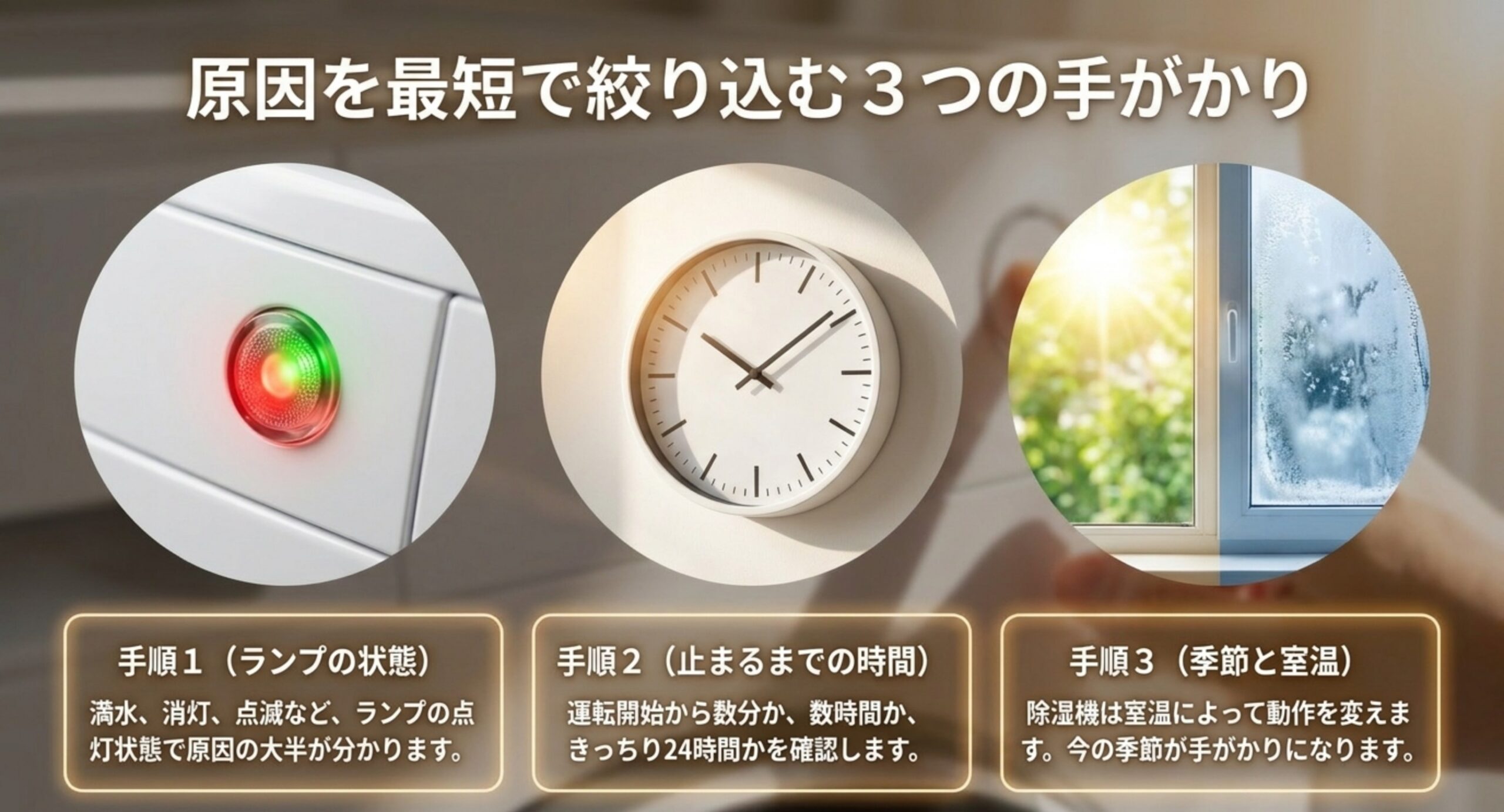 ランプの状態、止まるまでの時間、季節と室温という3つの手がかりから原因を絞り込む手順を示したスライド