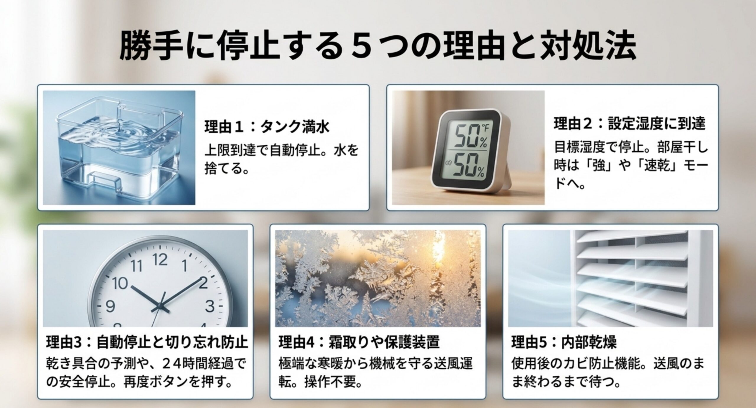 タンク満水、設定湿度への到達、自動停止と切り忘れ防止、霜取りや保護装置、内部乾燥という5つの停止理由と対処をまとめたスライド